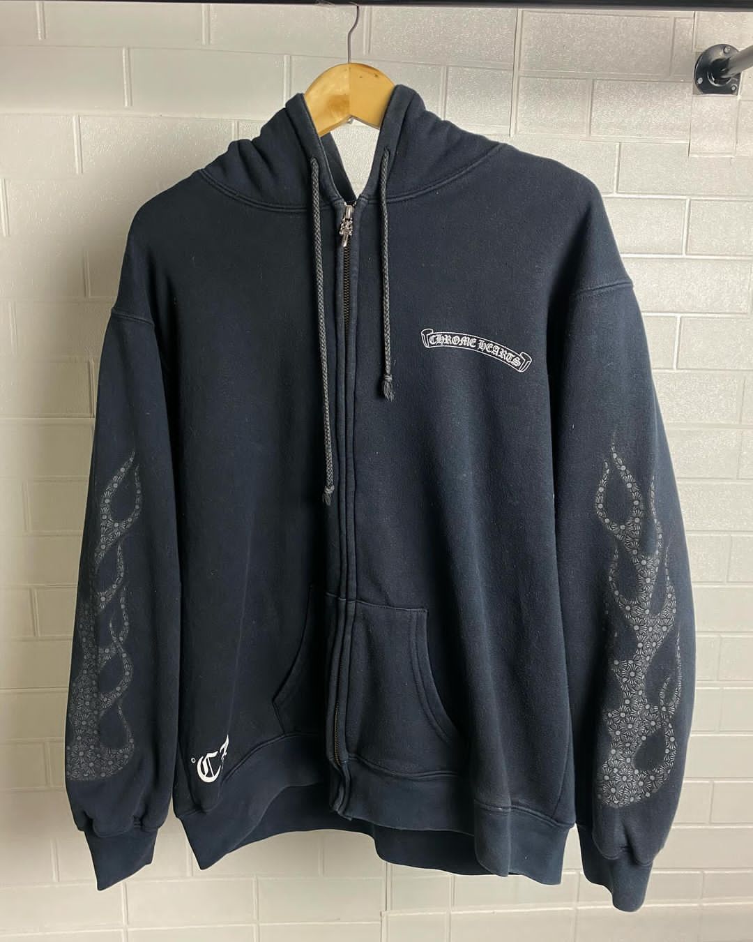 image of Chrome Hearts Flame Heavy Thermal Zip Up Hoodie in Black, Men's (Size Large)