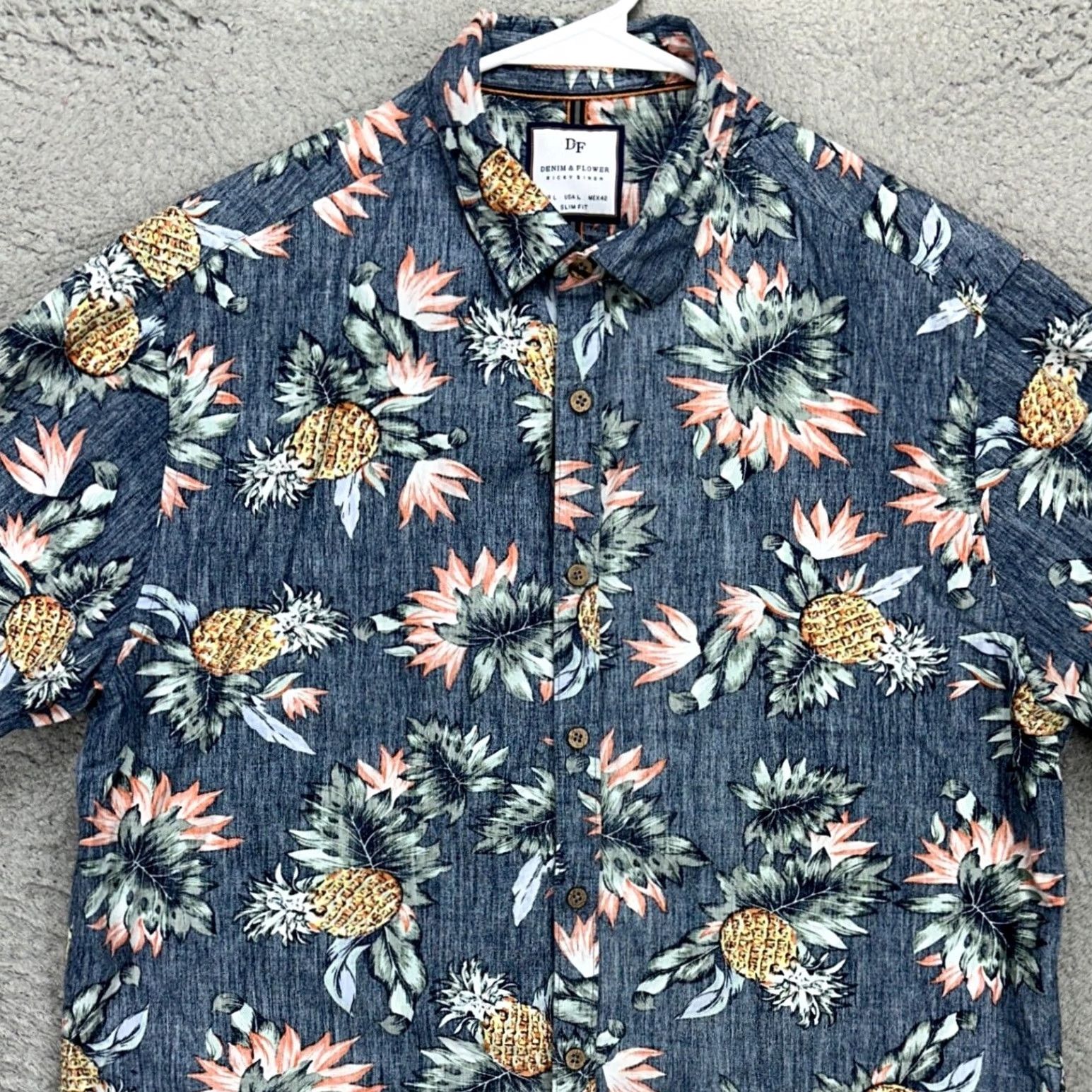 Vintage Denim Flower Mens Hawaiian Shirt Large Navy Pineapple Floral Slim Fit Button Up Size US L / EU 52-54 / 3 - 2 Thumbnail