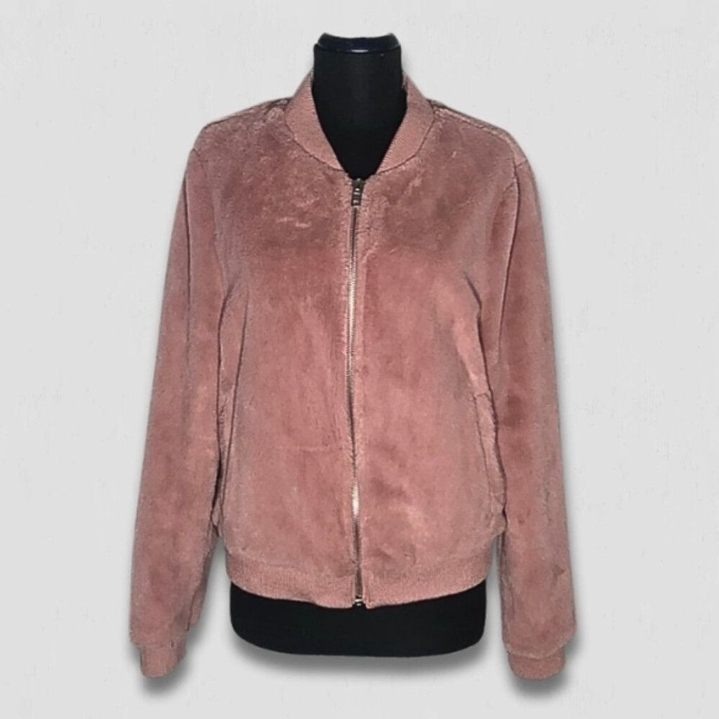Forever 21 Bomber Jacket Faux Fur Zip Front Ribbed Side Pockets Pink L Size L / US 10 / IT 46 - 1 Thumbnail