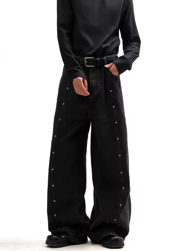 Japanese Brand Y2K Style Rivet Design Pleated Black Baggy Jean Size US 27 - 6 Thumbnail