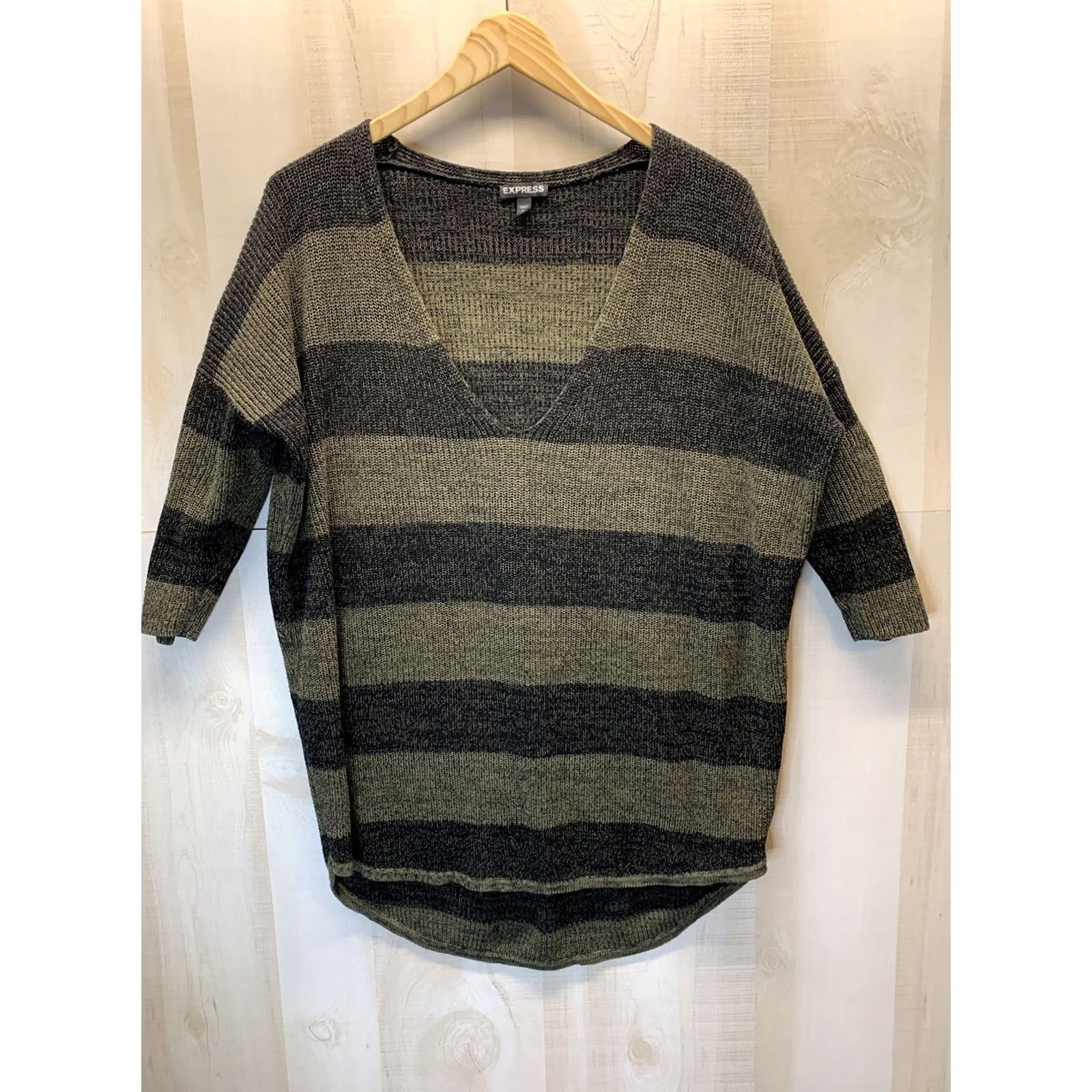 Express Express Women’s M Black/Green Striped Deep V Neck Short Sleeve Sweater Size M / US 6-8 / IT 42-44 - 2 Thumbnail