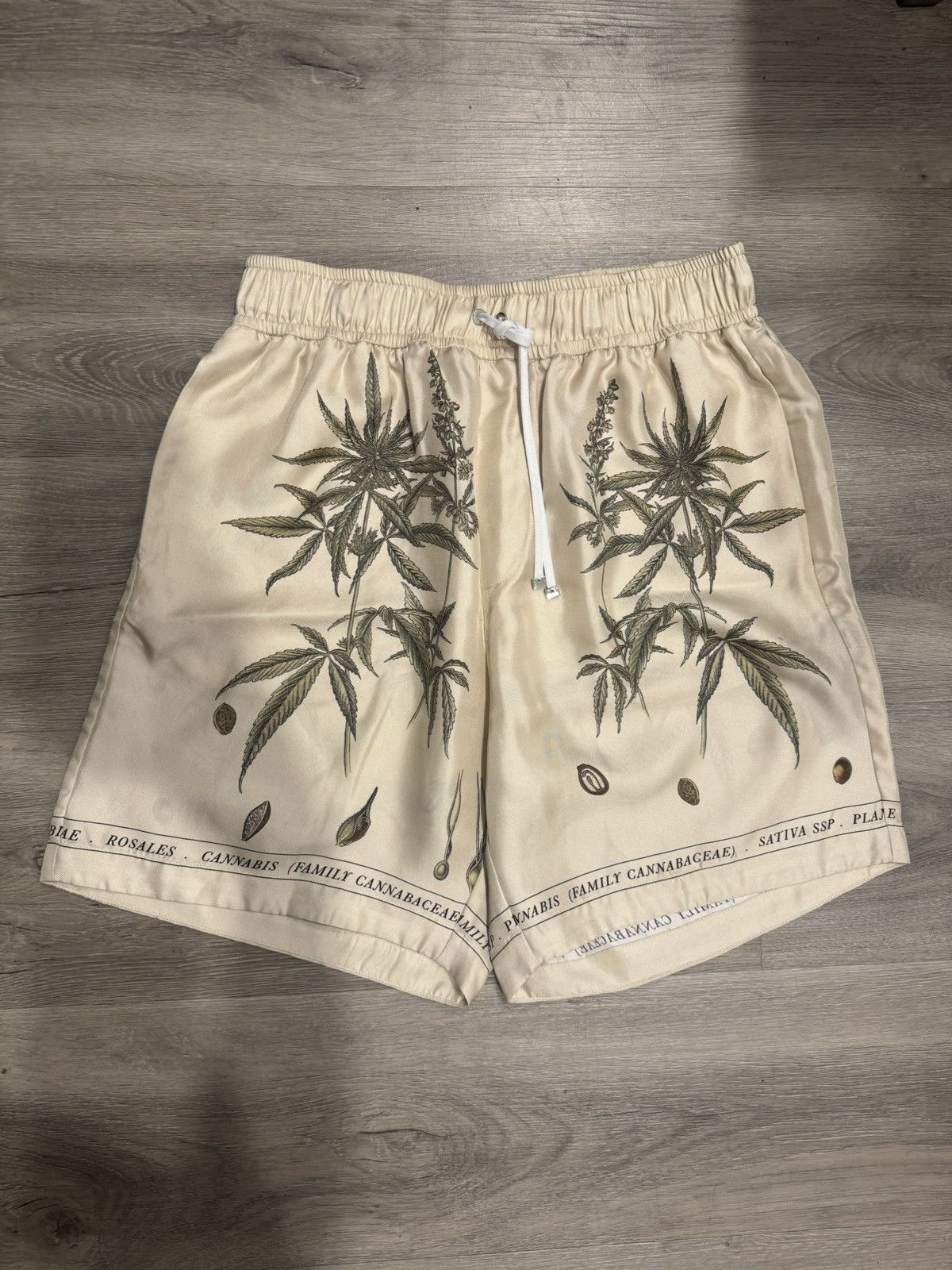 image of Amiri Cannabis Silk Shorts in Beige, Men's (Size 30)