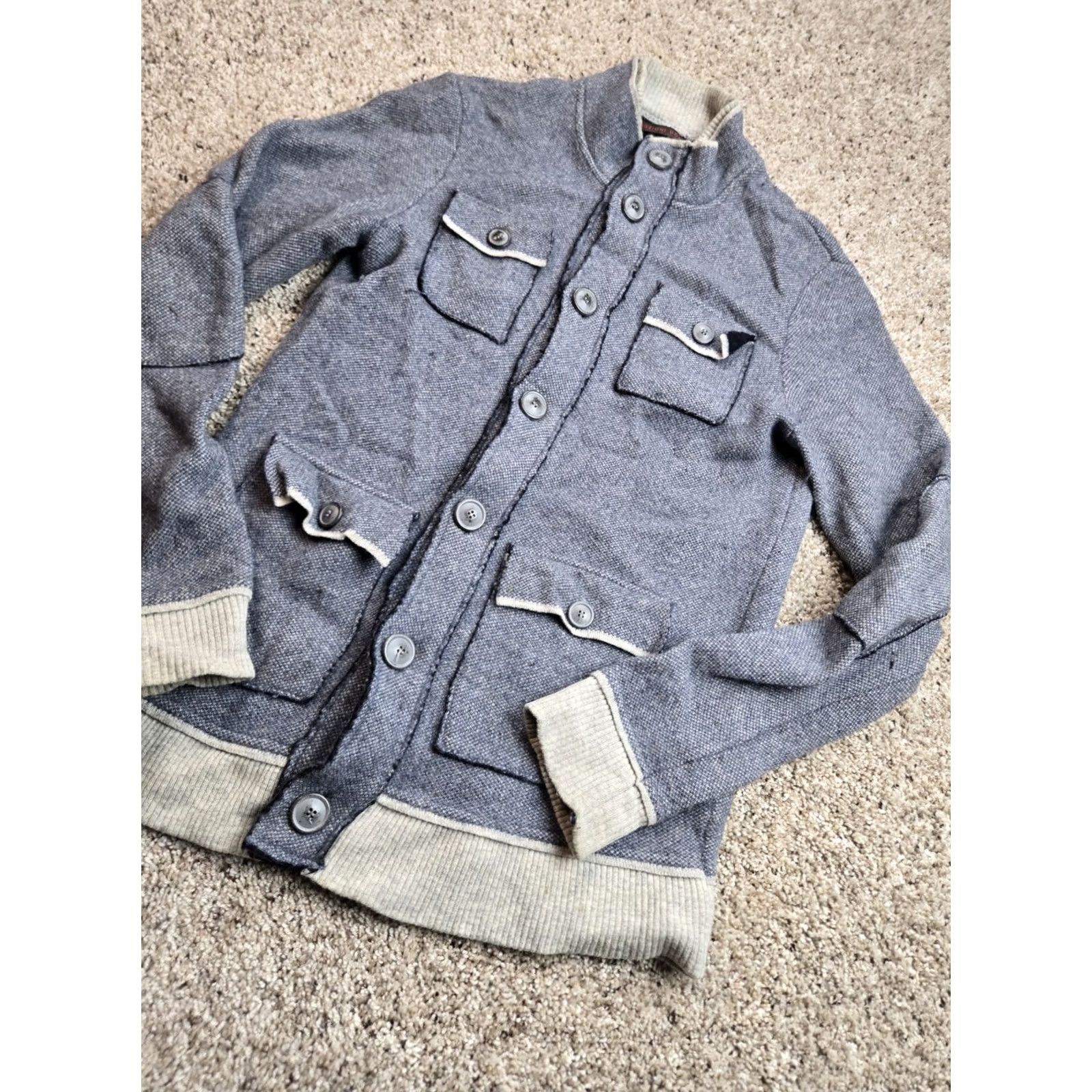 Vintage Emozioni Uomo Sweater Jacket Mens Small Blue Button Up Military Style Italy (Knitted Knit) Pants? Size US S / EU 44-46 / 1 - 2 Thumbnail