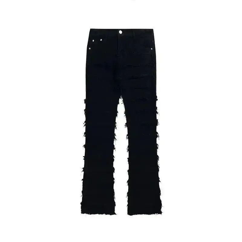 Japanese Brand Black Striped Tassel Frayed Straight Baggy Jeans Pants Size US 32 / EU 48 - 6 Thumbnail