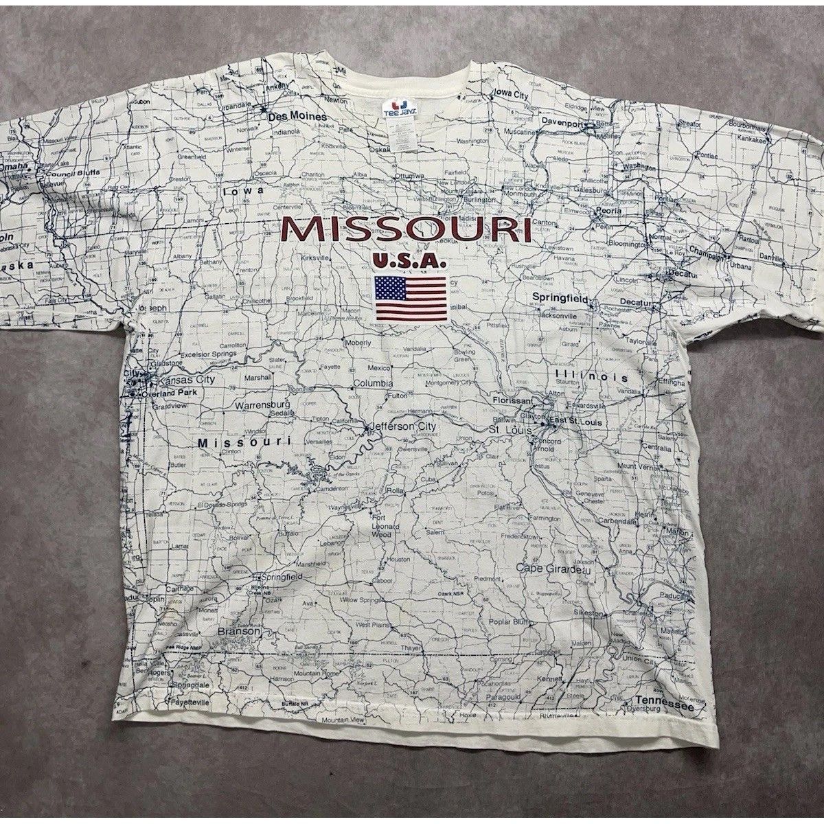 TEE JAYS VTG 90s Tee Jays Missouri USA Map T-Shirt AOP XL White KC St Size US XL / EU 56 / 4 - 1 Thumbnail