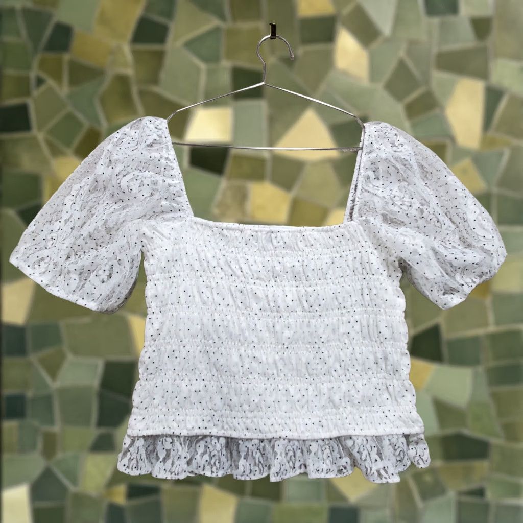Nsr Blouse Top Women's Large White Polka Dot Lined Cropped Lace Puff Shoulder Shirt Xs? No, Keep As L, Women's