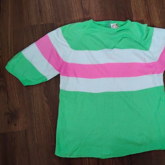 Other Vintage Mod Striped Neon Knit Blouse Top Sweater - Size M / US 6-8 / IT 42-44 - 2 Thumbnail