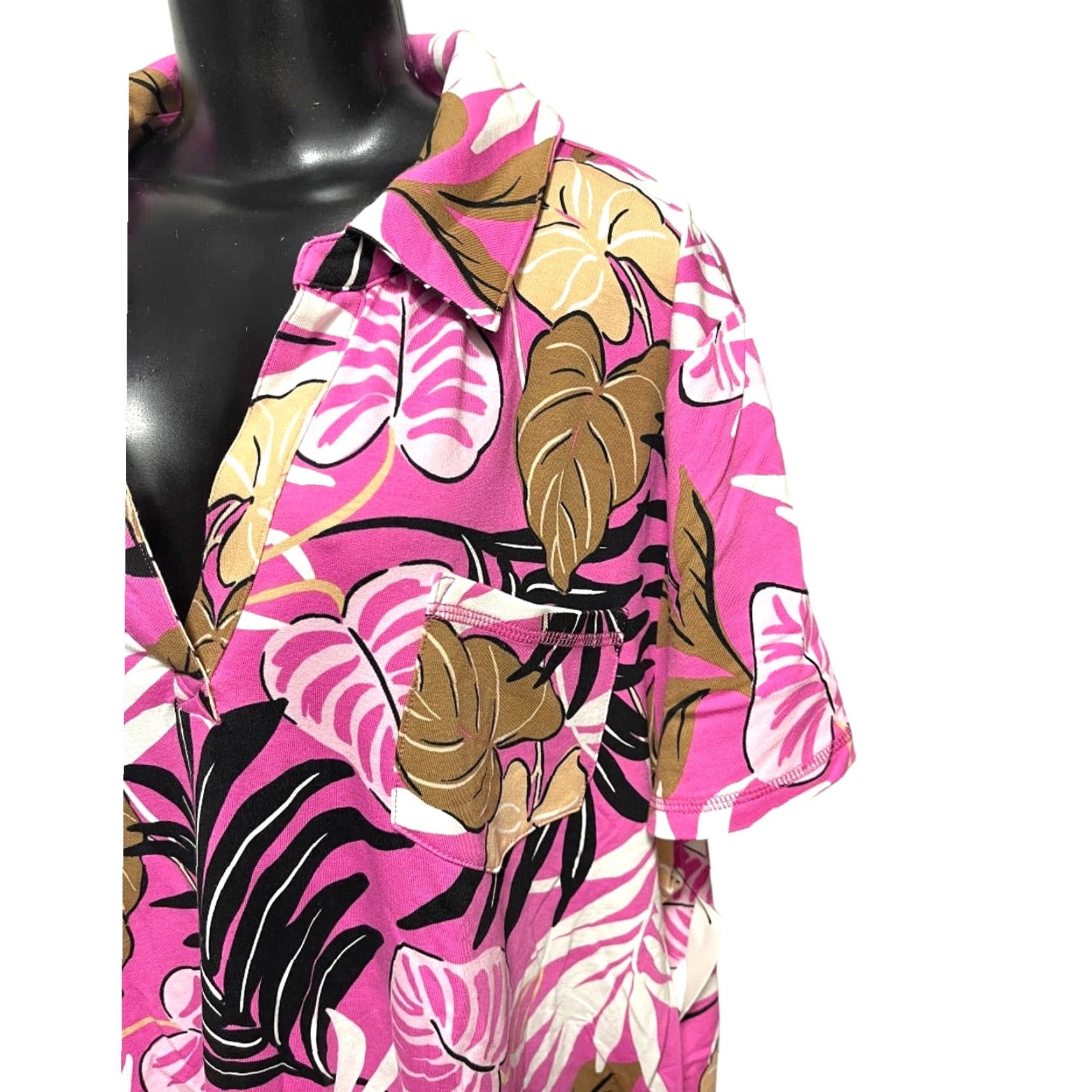 Talbots VINTAGE 3X T by Talbots New Tshirt Dress Tropical Breezy Palm Print Soft Collared Shirt Men 3X Pink Short Sleeve Tall Size 48R - 6 Thumbnail