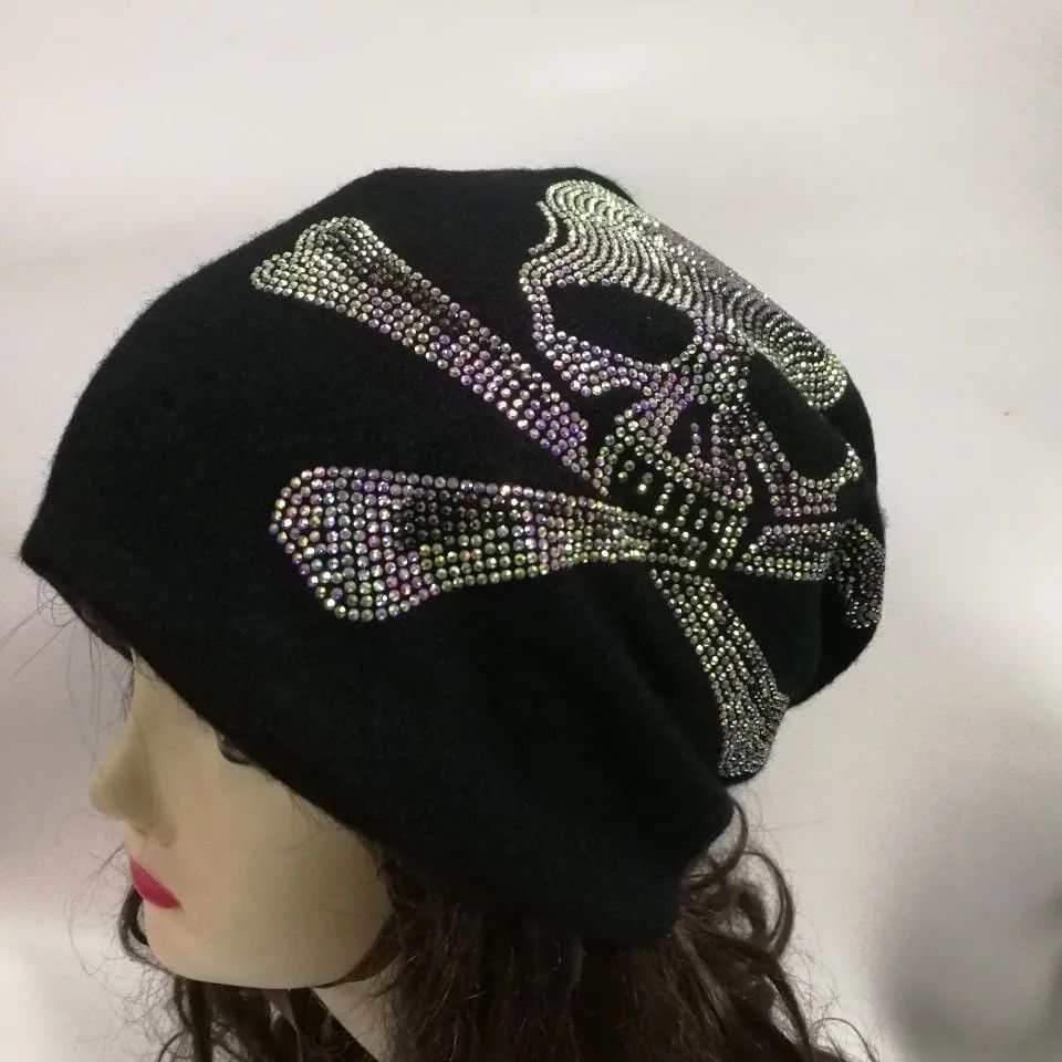 Japanese Brand × Vintage Gothic Black Skull Rhinestone Knitted Beanie Hats Size ONE SIZE - 3 Thumbnail