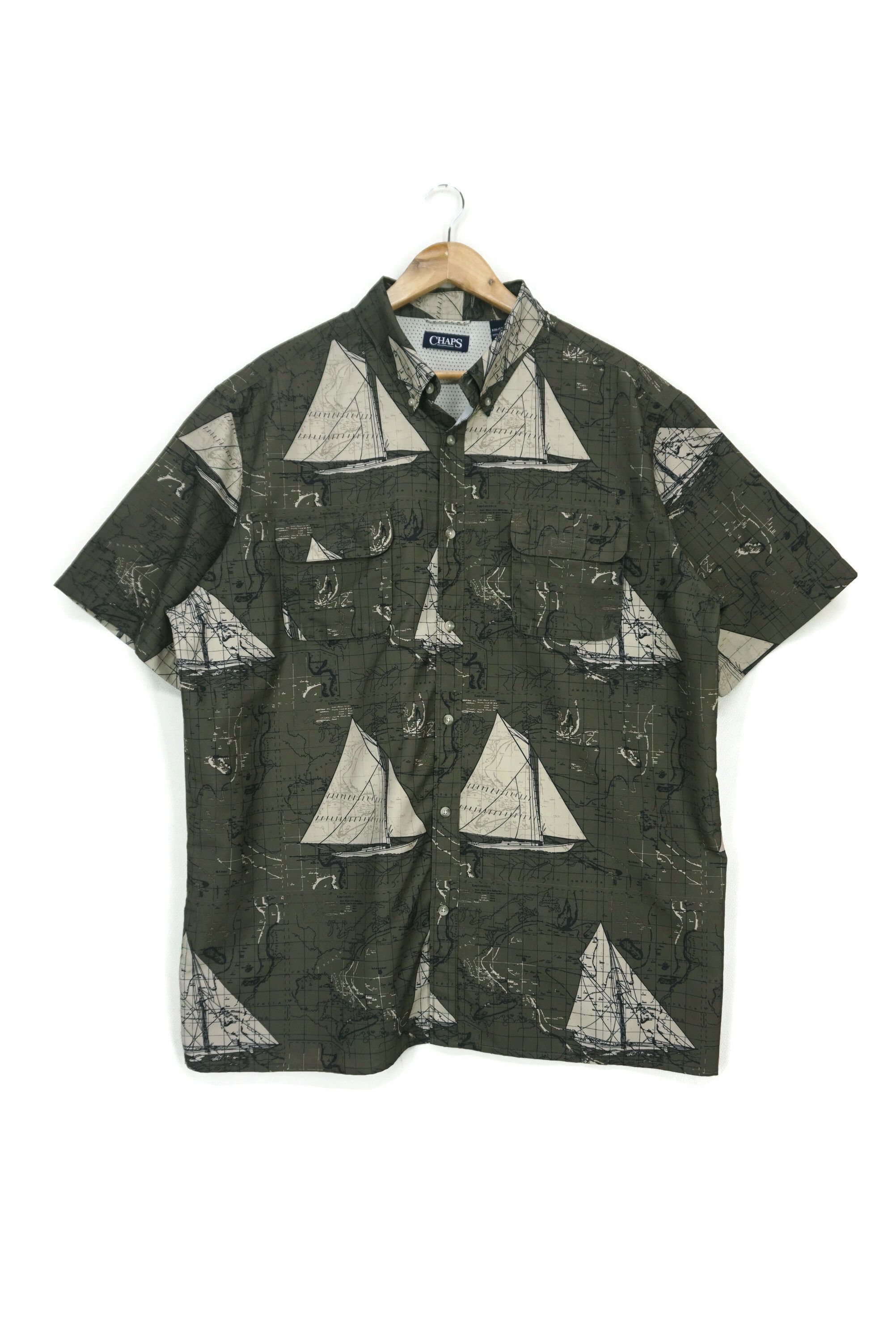 image of Chaps Yacht Sailing Maps Full Print Aloha Shirt Size Xxl in Green, Men's