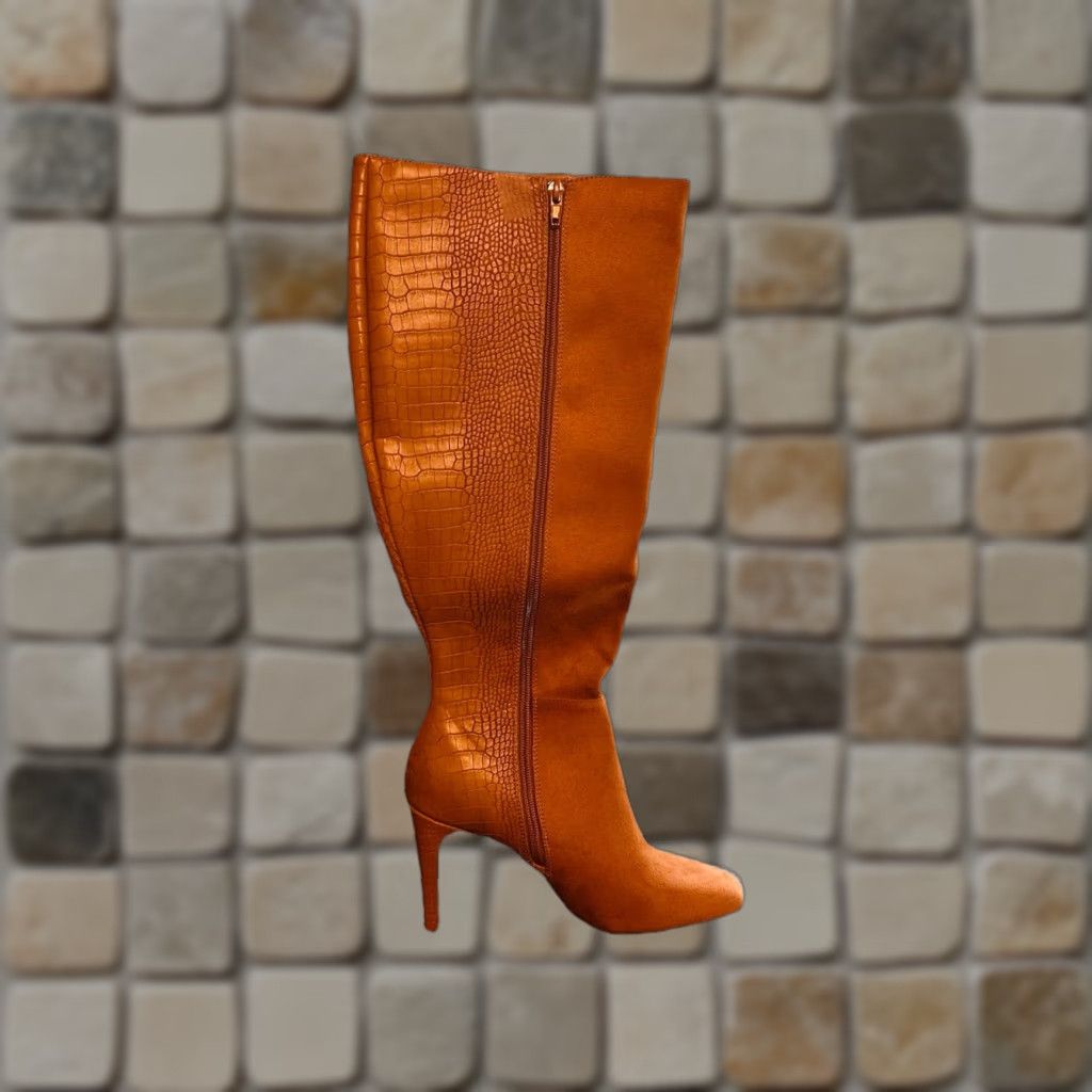 Vintage VINTAGE? No — Knee High Boots Women 7.5 Brown Faux Snake Skin Sued Side Zipper High Heel Block Western Amazon Boots Size US 8 / IT 38 - 1 Thumbnail