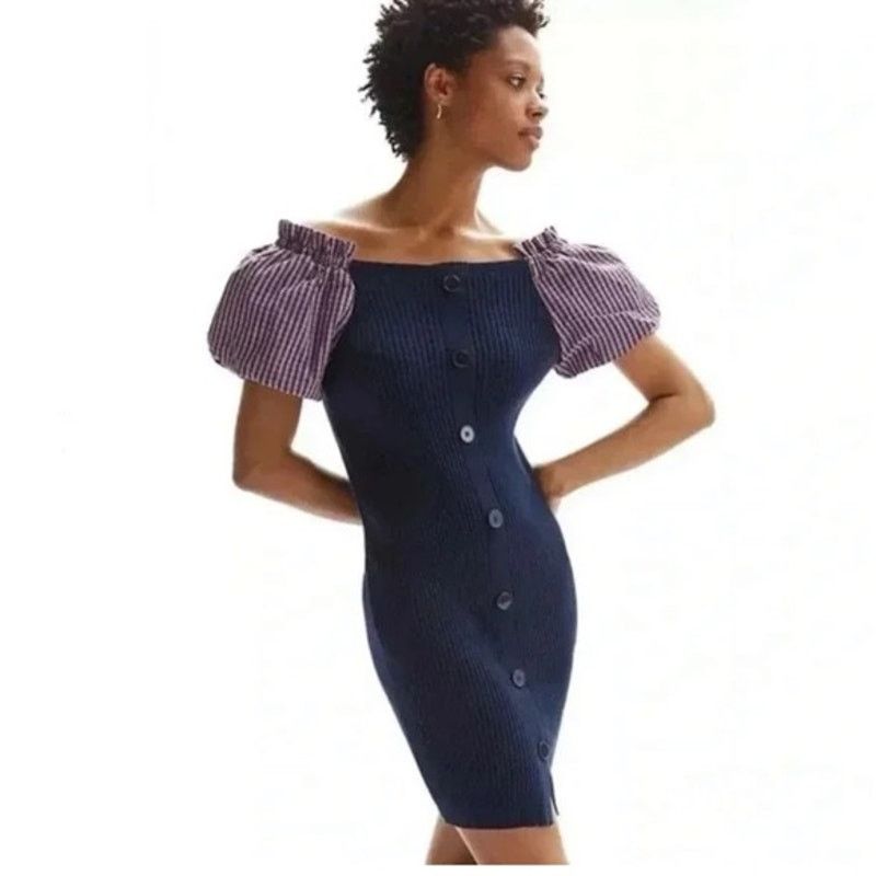 Anthropologie Maeve Anthropologie Ribbed Puff Sleeve Bodycon Mini Dress Size XL / US 12-14 / IT 48-50 - 1 Thumbnail