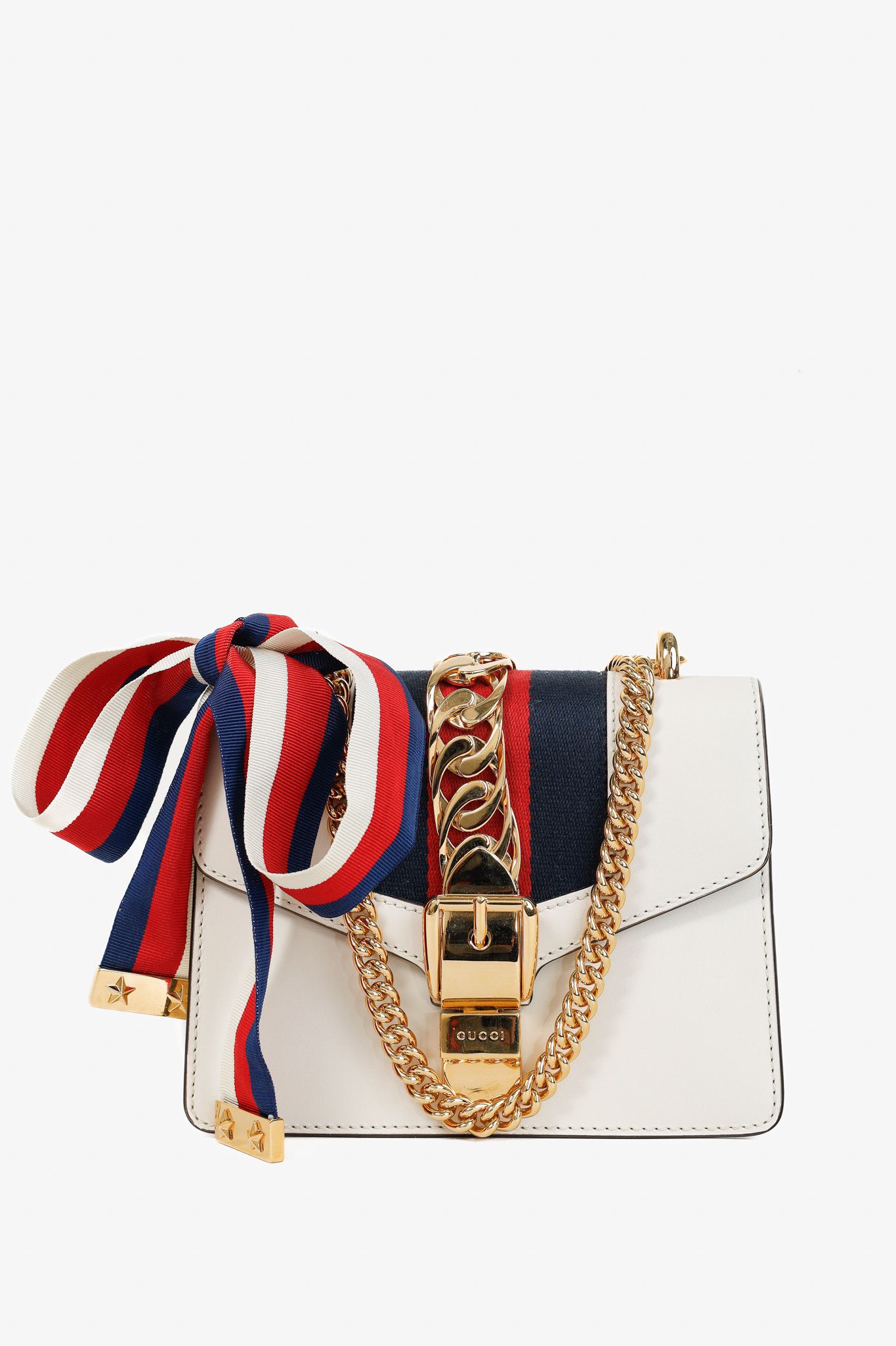 Gucci Sylvie Mini Chain White Leather Stripe-Web Bag, Women's