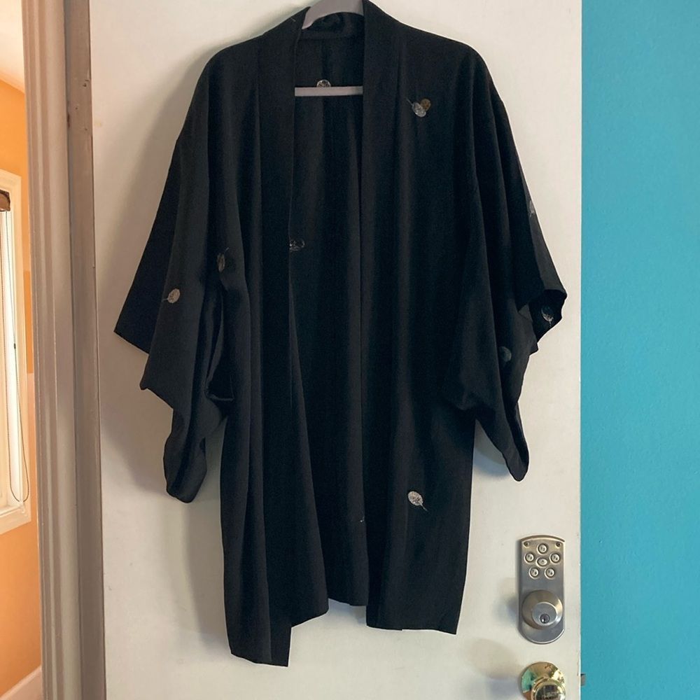Handmade Japanese Style Black Kimono with Silver & Gold Embroidery- O Size ONE SIZE - 5 Thumbnail