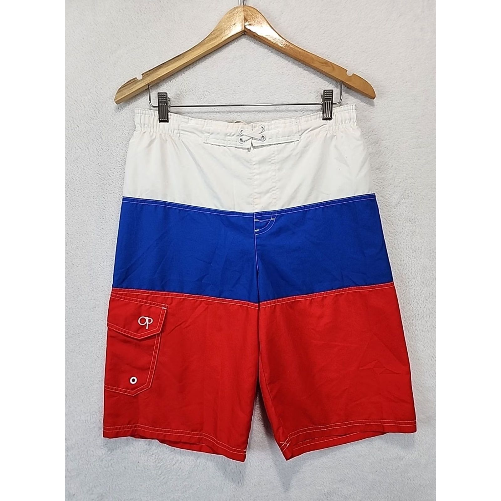 Vintage VINTAGE Ocean Pacific Striped Swim Trunks Board Shorts 2XL Men Red White Blue Lined Pockets 90s 2000s OP Surfing Beach Size US 39 - 2 Thumbnail