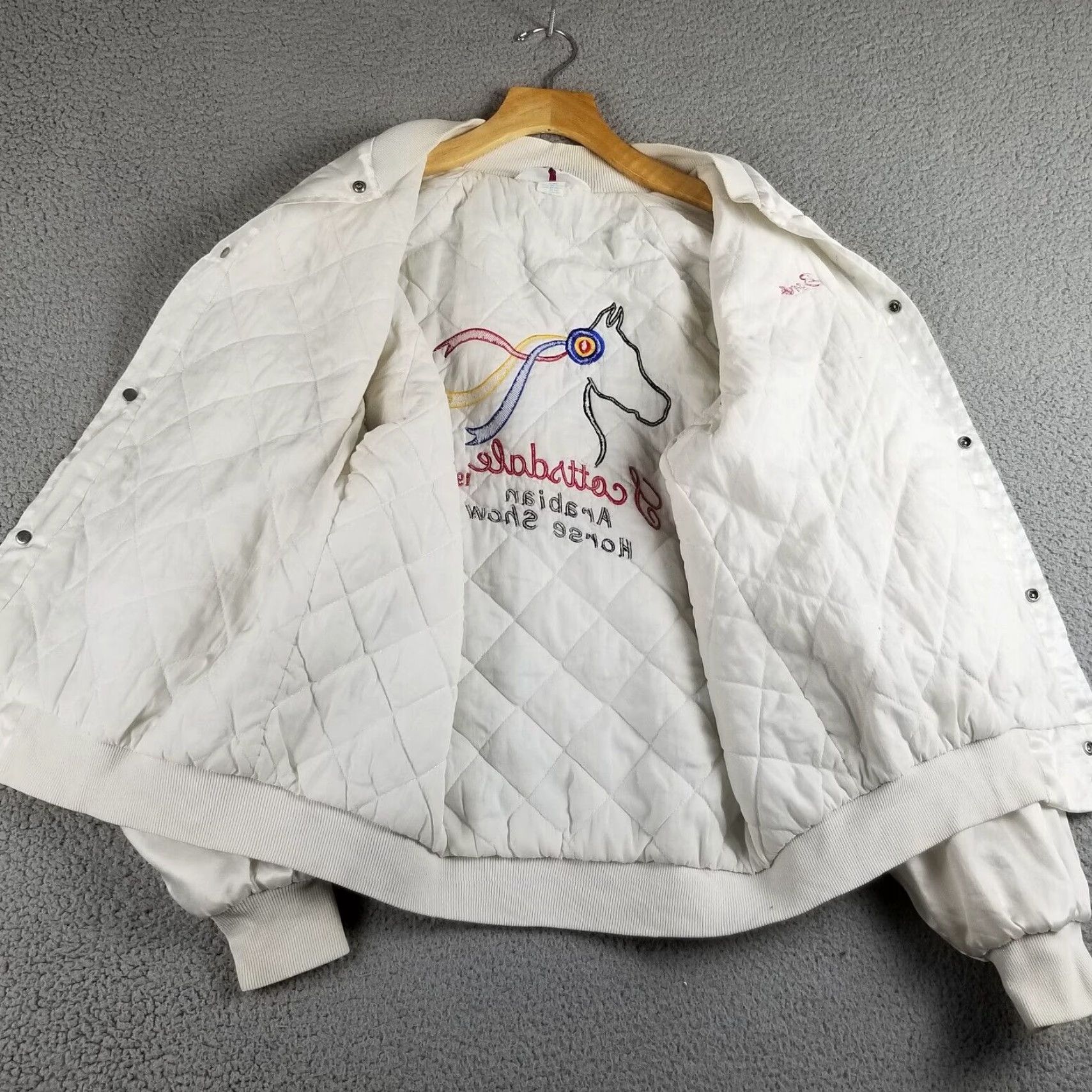 Vintage VINTAGE West Ark Satin Bomber Jacket Adult Large White Horse Scottsdale 1996 Equestrian Sports Size US L / EU 52-54 / 3 - 5 Thumbnail