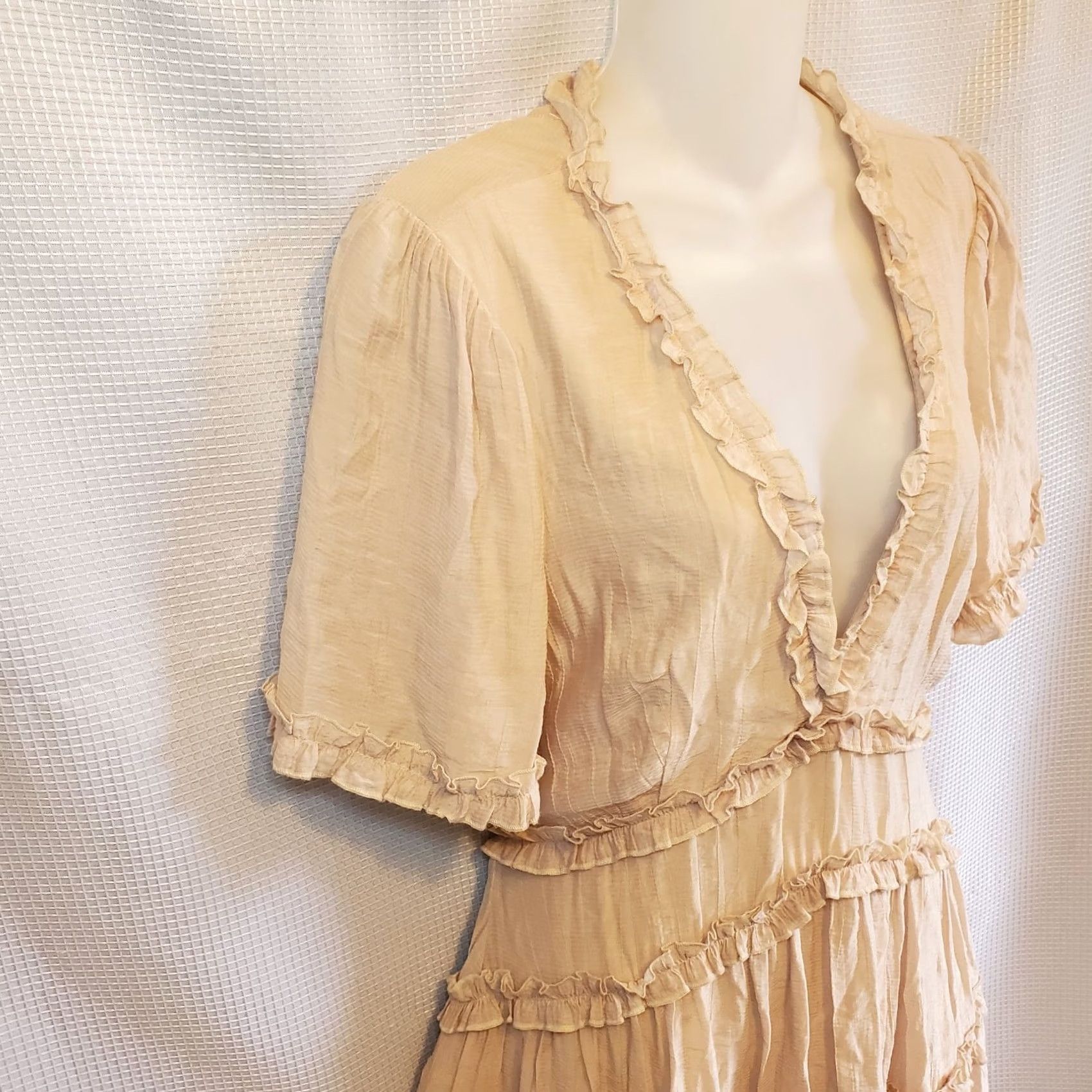 Vintage Entro Womens L Tiered Backless Mini Dress Boho Pink Lined V-Neck Bell Sleeve Button Zipper Size L / US 10 / IT 46 - 5 Thumbnail