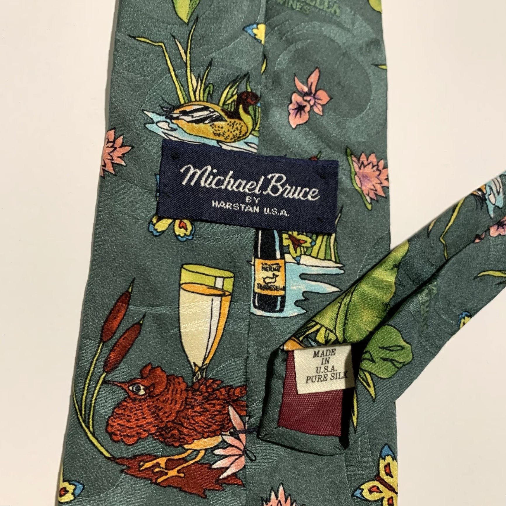 Vintage Vintage Men's Silk Tie MICHAEL BRUCE Made in USA Green Animal Print Party Business Size ONE SIZE - 4 Thumbnail