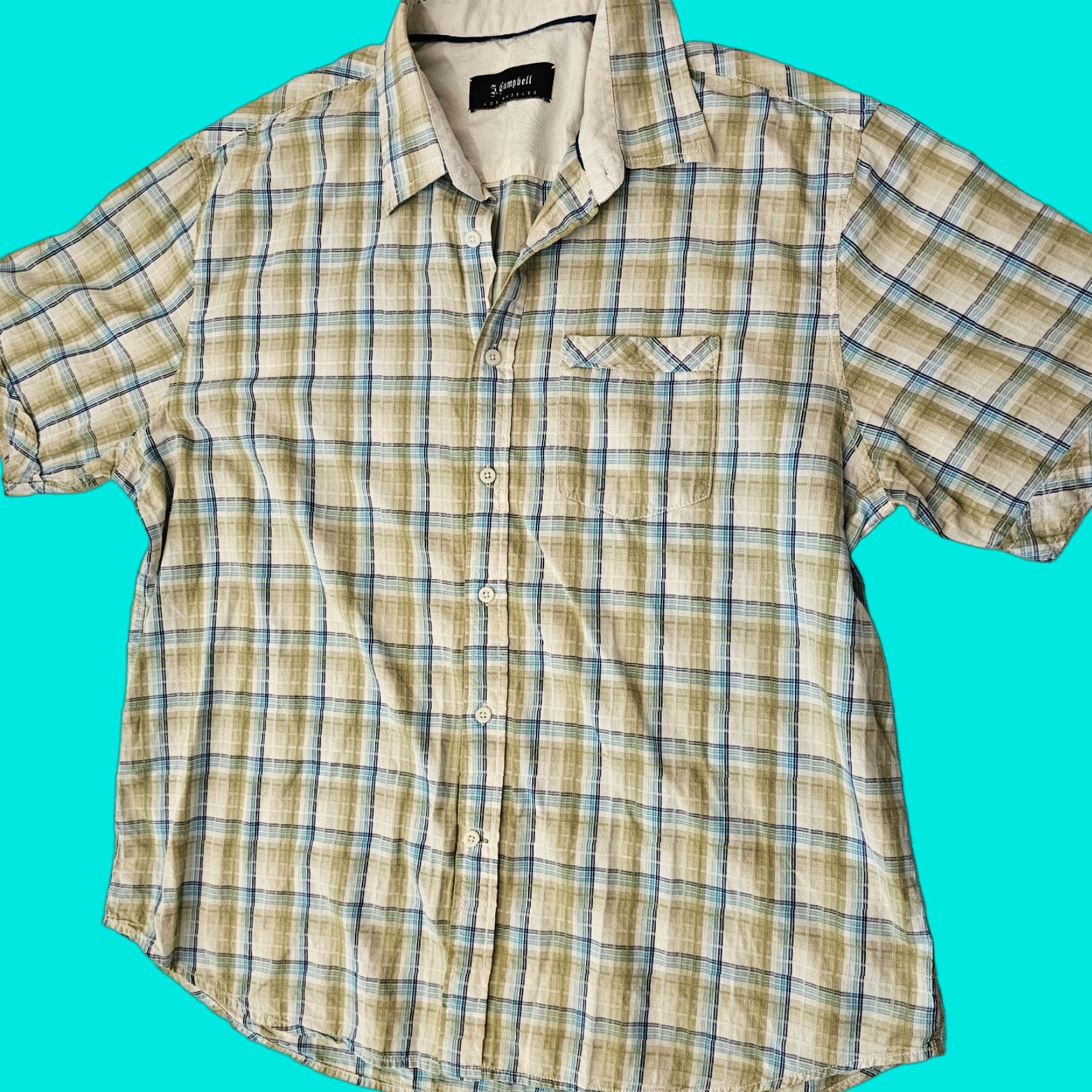 Vintage J. Campbell Button-Up Men's Shirt 2XL Plaid Green Short Sleeve Pocket Casual Size US XXL / EU 58 / 5 - 1 Thumbnail