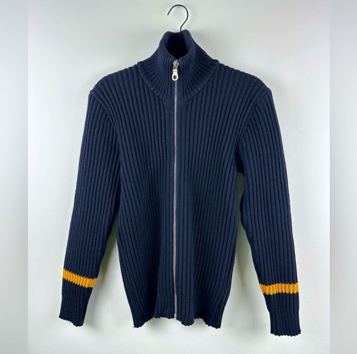 image of Comme Des Garcons Commes Des Garcon Navy Wool Zip Yellow Stripe, Men's (Size Small)