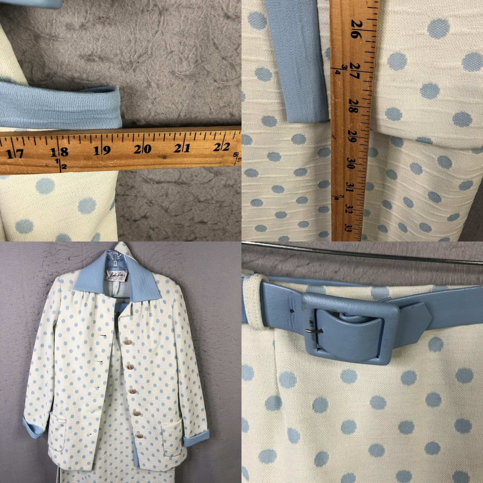 VINTAGE Paula Brooks Skirt Suit Set Womens 12 3 Piece Blue White Polka Dot Ivory Off-White 70s