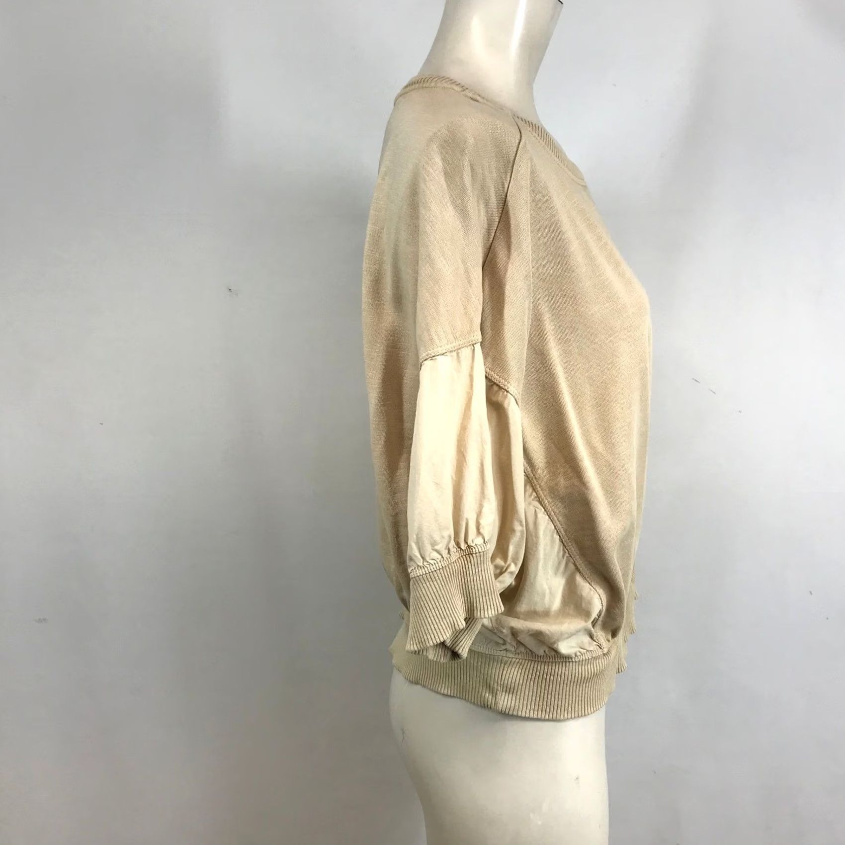 Vintage Pilcro and the Letterpress Sweatshirt M Beige Puff Sleeve Crew Neck Bubble Hem Knit Mixed Media Casual Womens Size M / US 6-8 / IT 42-44 - 4 Thumbnail