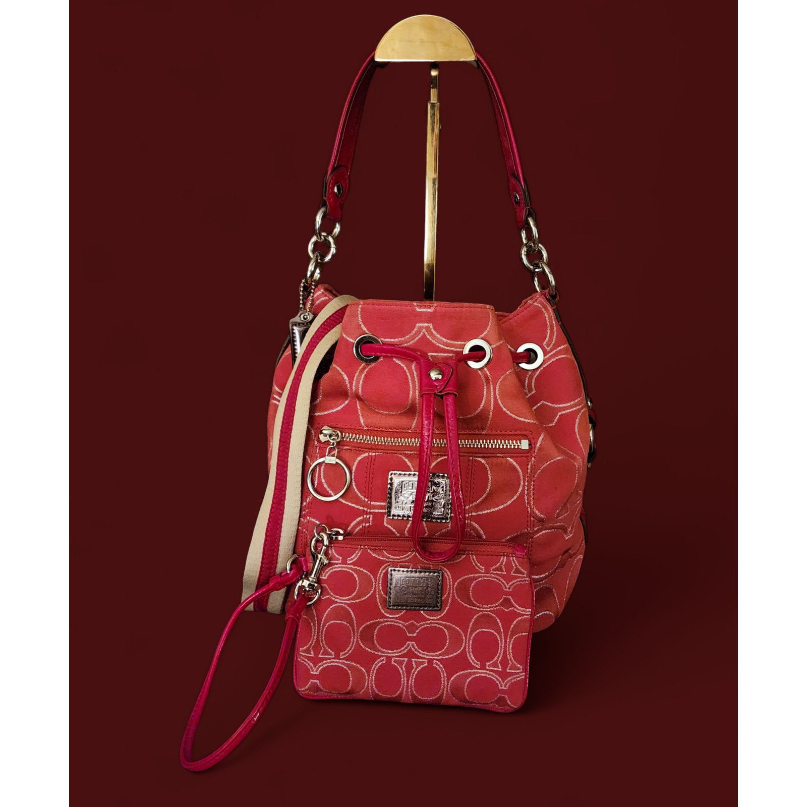 Coach Coach Poppy Signature Lurex draw string bag 17930 Red Silver
