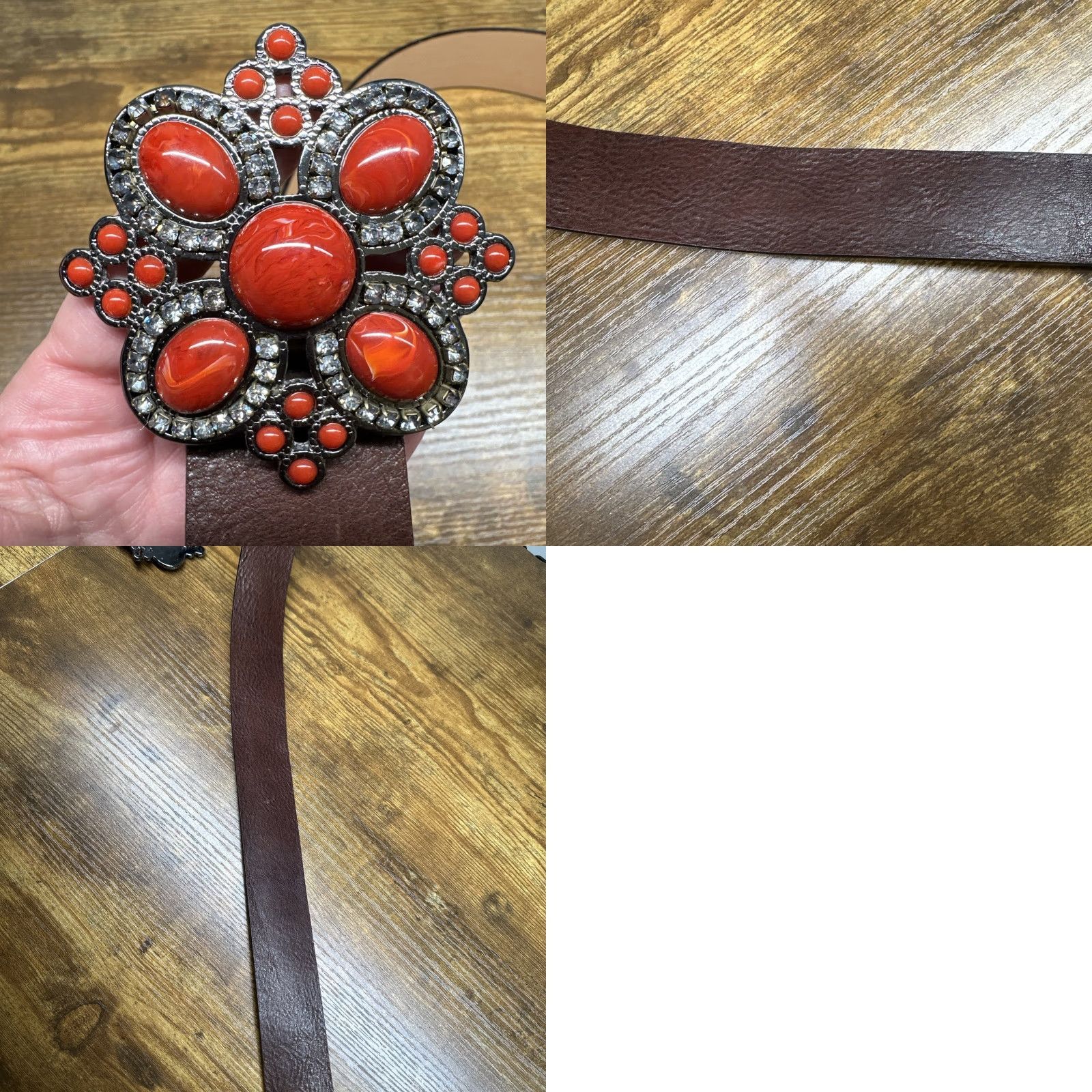 Vintage Harold’s Leather Belt Brown MEDIUM Women Belt M | Red Rhinestones | Made in Italy | Boho Western Designer Fashion Belt Size ONE SIZE - 8 Thumbnail