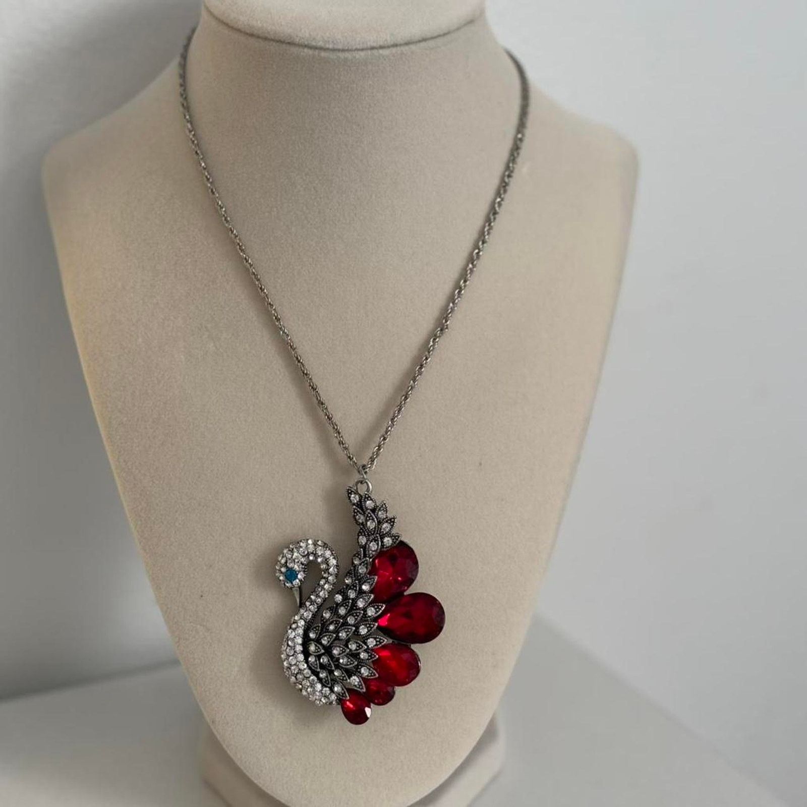 Other Red Silver Peacock Necklace Rhinestone Pendant Statement Size ONE SIZE - 2 Thumbnail