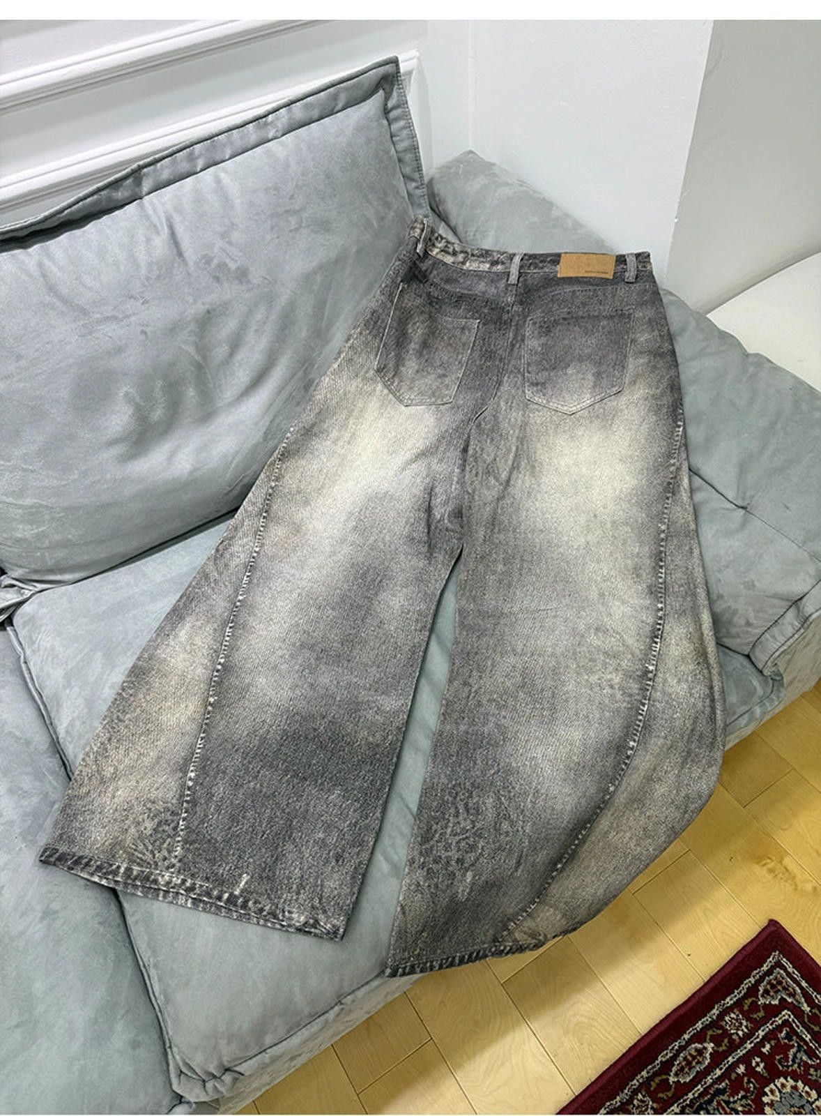 Vintage Grey Wide Leg Denim Jeans, 3D Printed Baggy Jeans Size US 30 / EU 46 - 5 Thumbnail