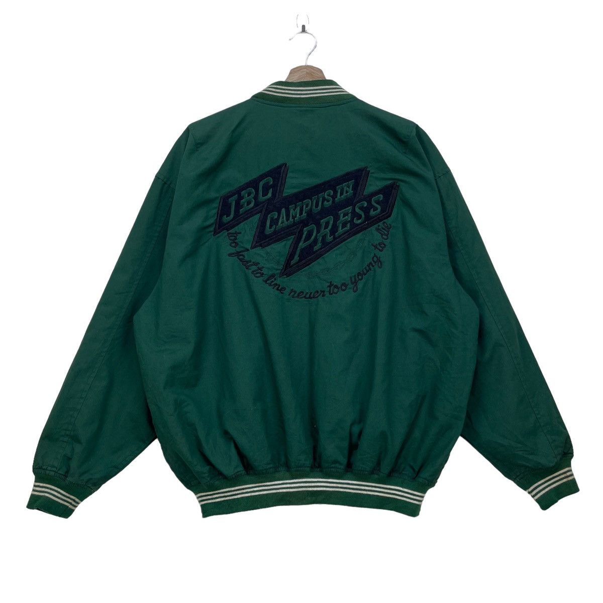 image of Bomber Jacket x Vintage Bomber Blue Power Embroidery Campus Press Jacket in Green (Size Medium)