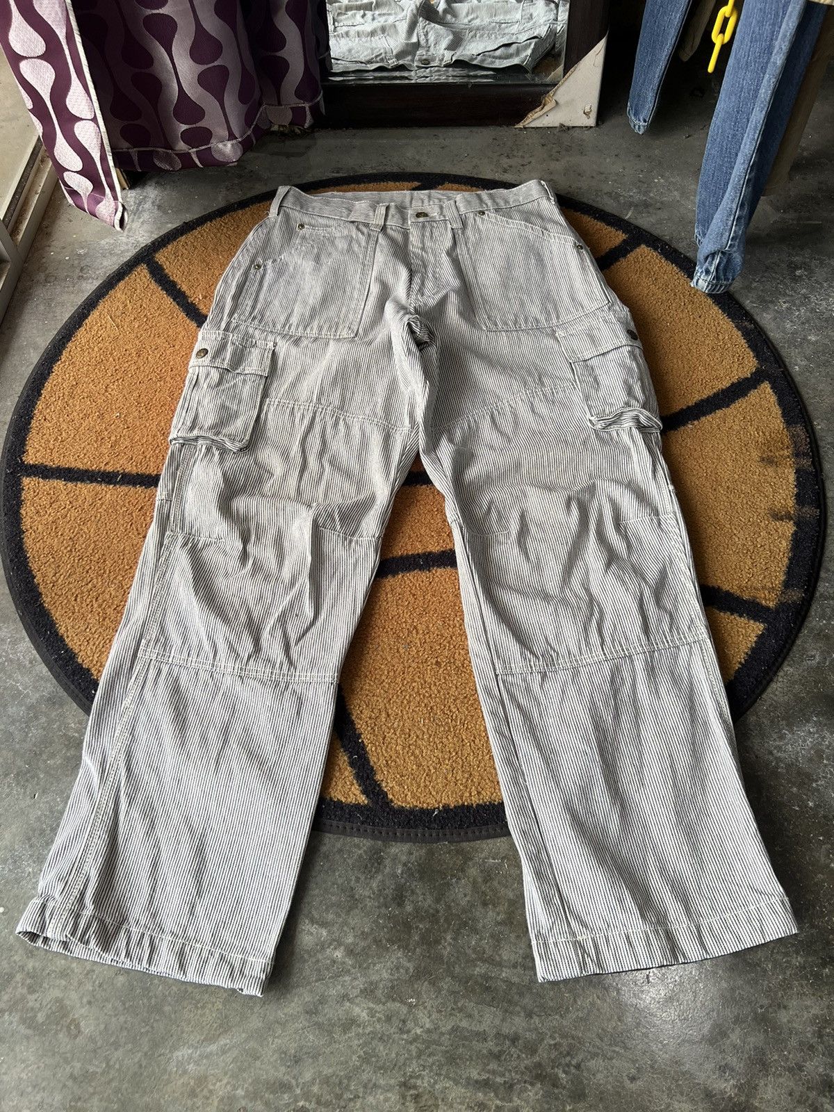 Japanese Brand 🔥Vintage Dogman Hickory Stripe Double Knees Cargo Pant Size US 32 / EU 48 - 1 Thumbnail