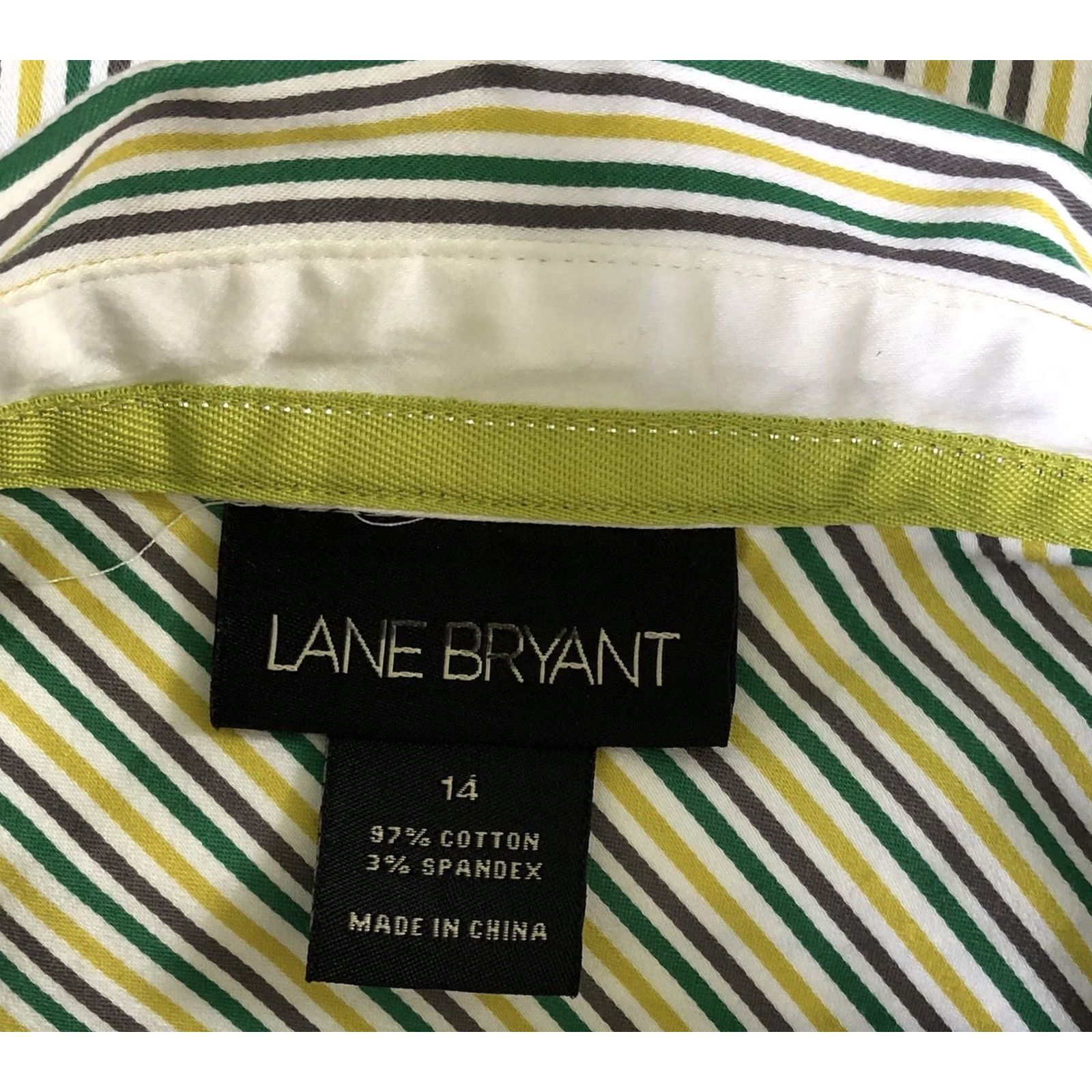 Vintage Lane Bryant Button-Up Top Striped Green Yellow V-Neck Collar 2000s 14 Women Regular Size XS-XL? Size XL / US 12-14 / IT 48-50 - 4 Thumbnail