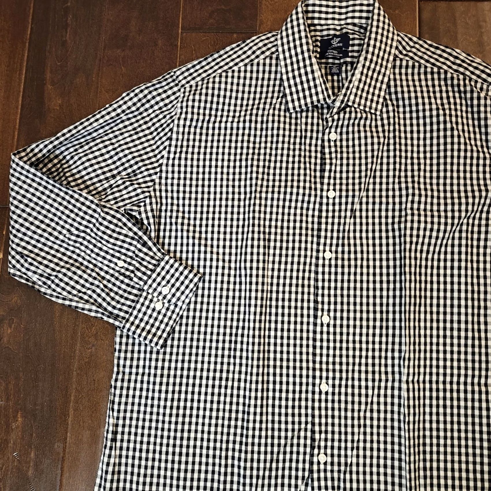 Dockers DOCKERS Dress Shirt Men XL White Black Checkered Fitted Stretch Collared Long Sleeve Button-Front Cotton Size 46R - 4 Thumbnail