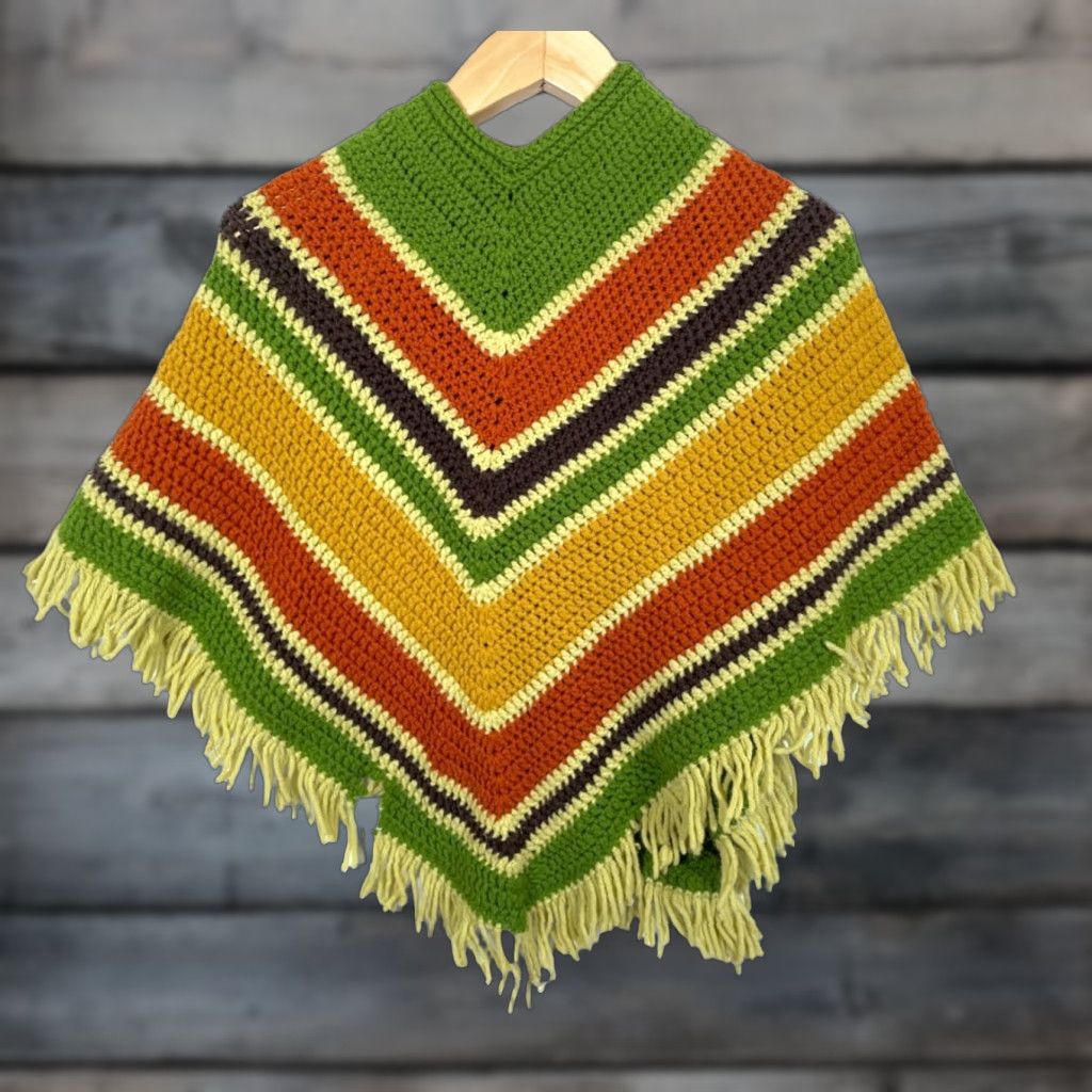 Vintage VINTAGE Handmade Crochet Poncho Women's OS Green Orange Yellow Fringe Grandma Shawl 70s Size ONE SIZE - 1 Thumbnail