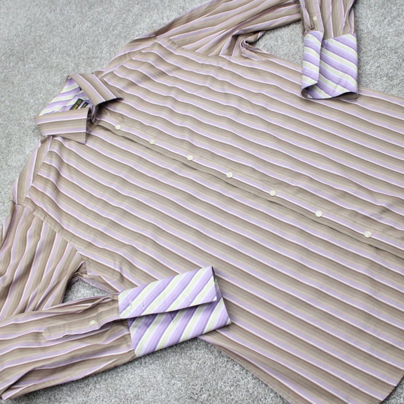 Ted Baker Ted Baker Dress Shirt Men 17, 43.5 Brown/Purple Cotton Long Sleeve French Cuff L/S Button-Down 90s London Dress Shirt Mens Size 46R - 7 Thumbnail