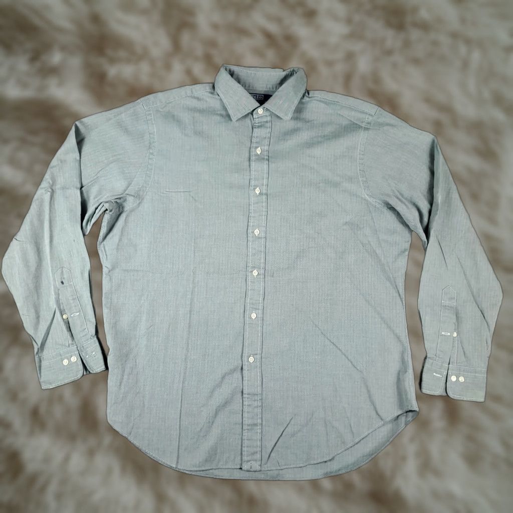 Ralph Lauren Ralph Lauren Dress Shirt Mens 17 Green Gray Striped Long Sleeve Button-Down Casual American Classic Size 46R - 1 Thumbnail