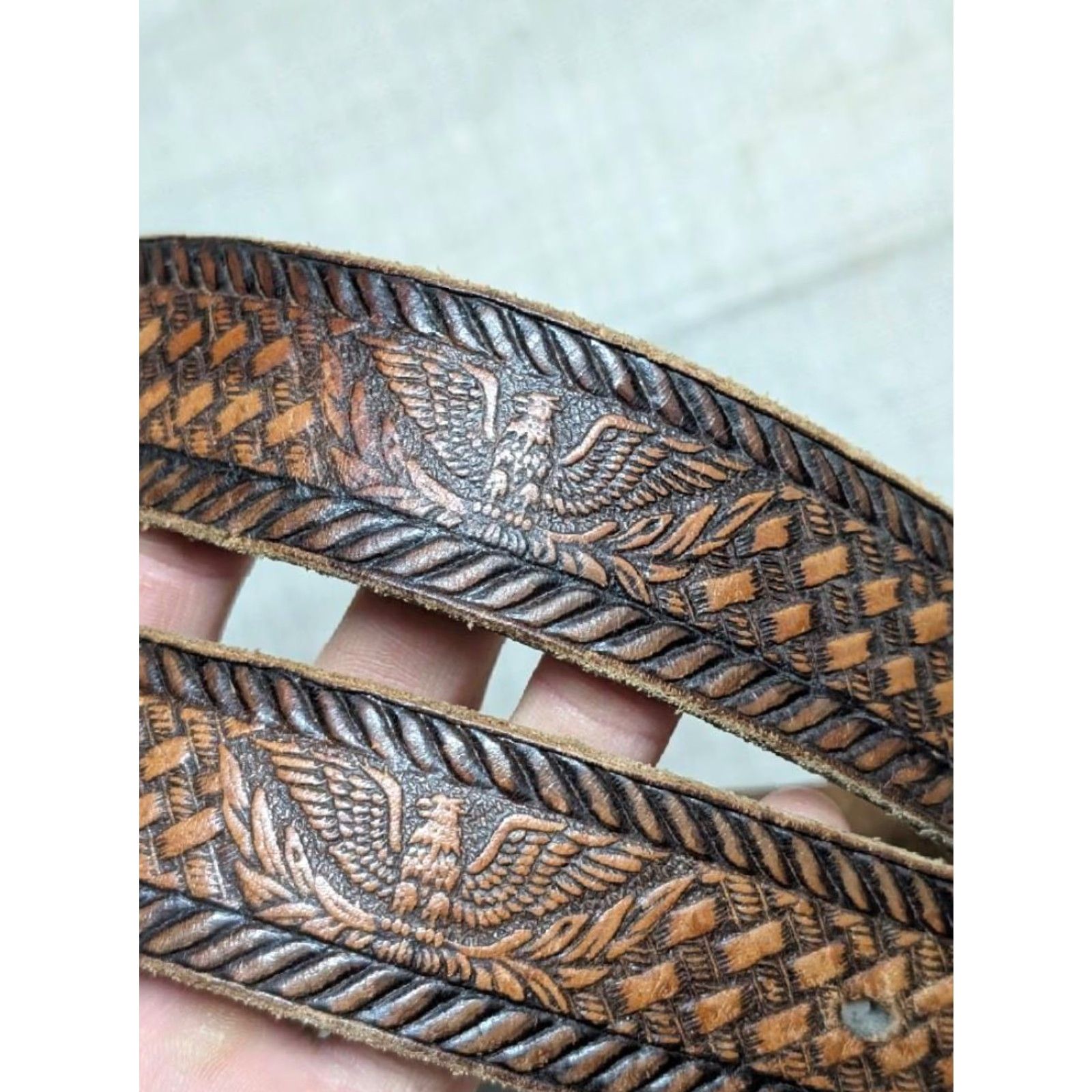 Vintage VINTAGE Brushy Creek belt EAGLE tooled cowhide leather western belt 30 brown USA men belt buckle snaps 1-3/8" western style Size 30 - 2 Thumbnail