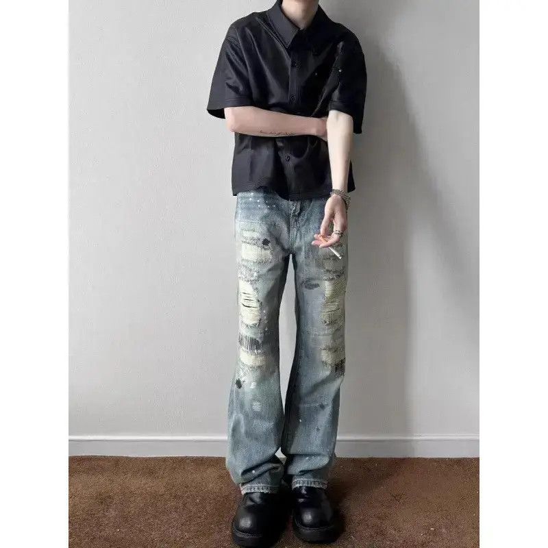 Japanese Brand Retro loose high street splashed ink ripped jeans Size US 32 / EU 48 - 2 Thumbnail