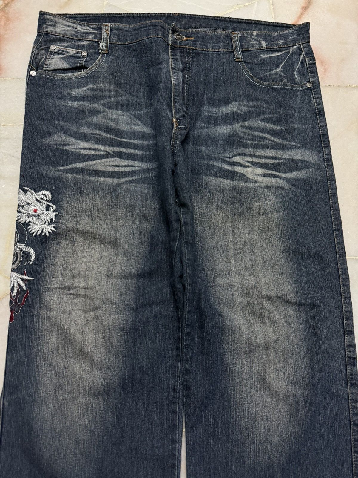Seditionaries 💥WIDE💥JAPANESE TATTOO DRAGON EMBROIDERY BAGGY JEANS RARE Size US 36 / EU 52 - 3 Thumbnail