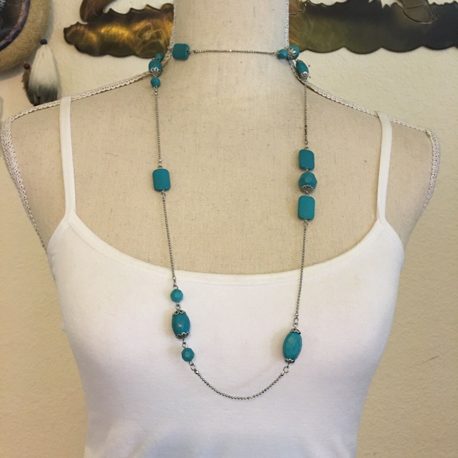 Jewelry Faux turquoise beads silver ball chain necklace Size ONE SIZE - 1 Thumbnail