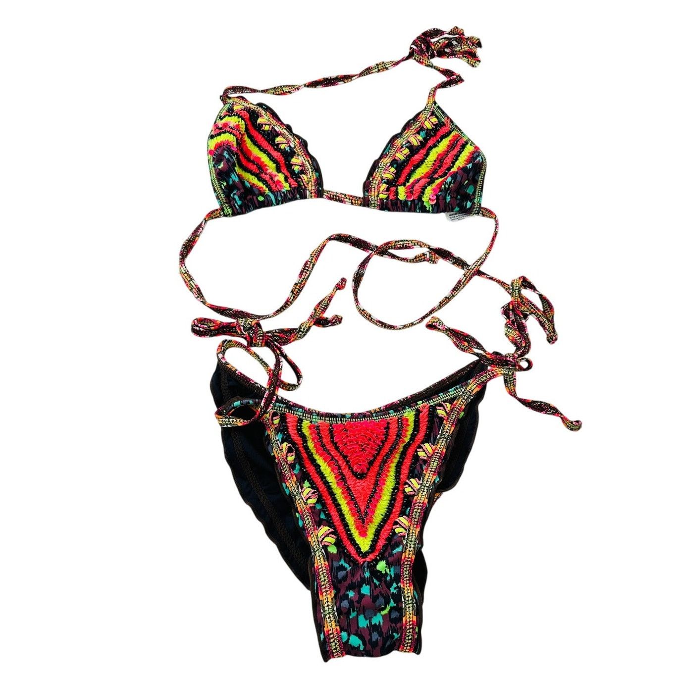 Agua Bendita Pink Multi-Color Ruffle Bikini Top & Bottom S in Black, Women's (Size Small)