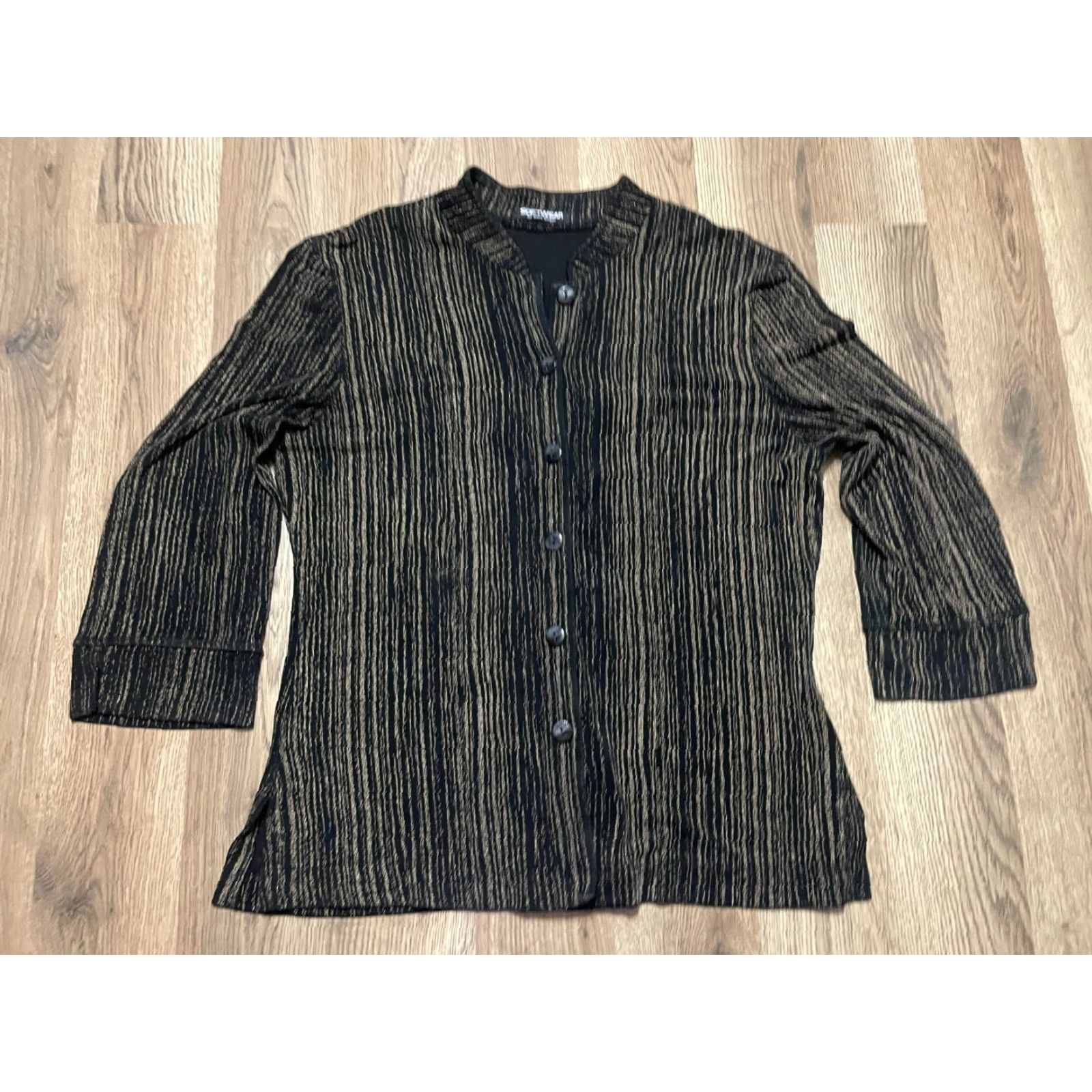 Vintage Softwear by Mark Singer Shirt Women's SML Black Gold Striped Button Up Shirt, Gold, Casual, Button Up, Ladies, S, Regular Fit Size S / US 4 / IT 40 - 2 Thumbnail