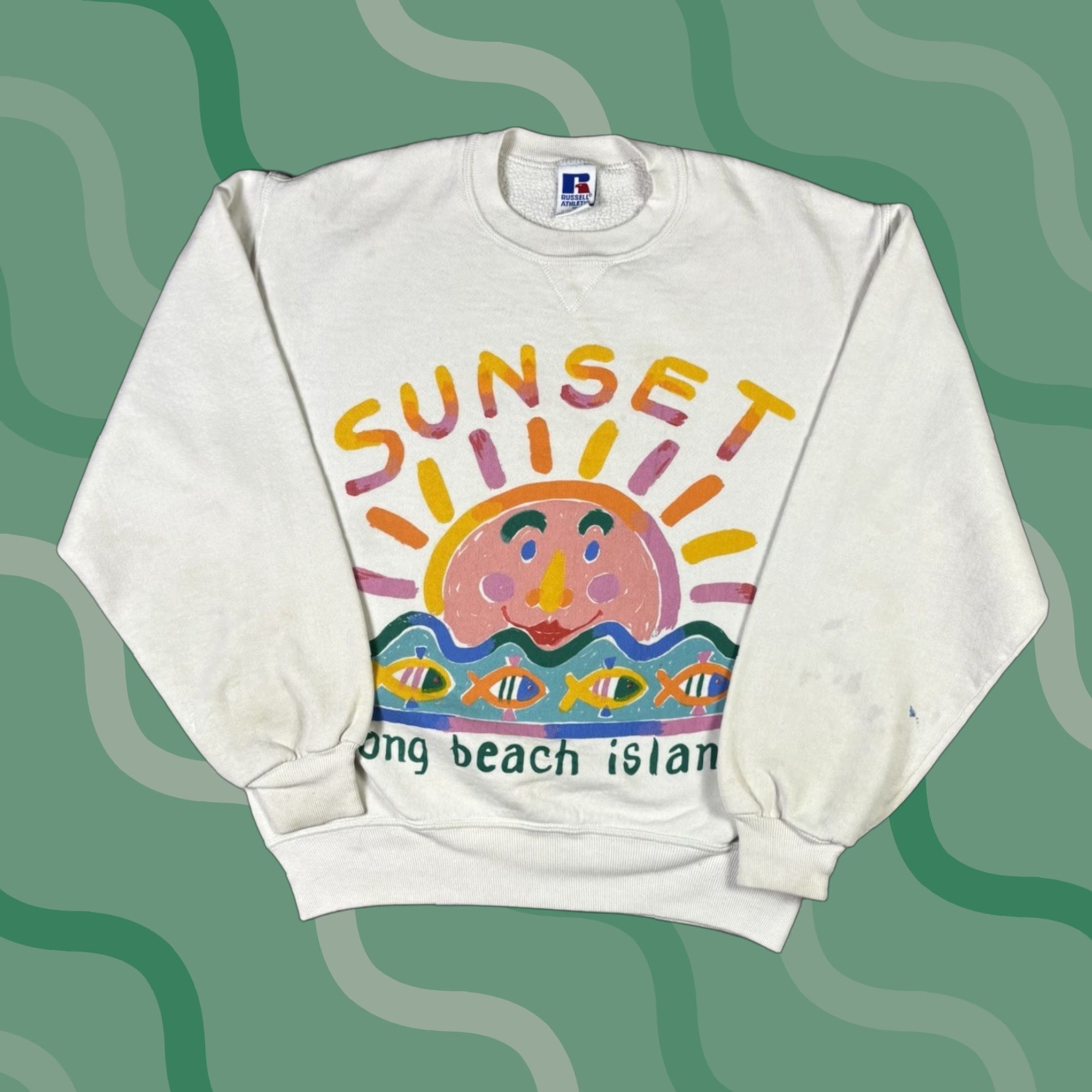 Russell Athletic VINTAGE Russell Athletic Sweatshirt Long Beach Island Sunset 90s Graphic Print Mermaid White M Mens Size US M / EU 48-50 / 2 - 1 Thumbnail