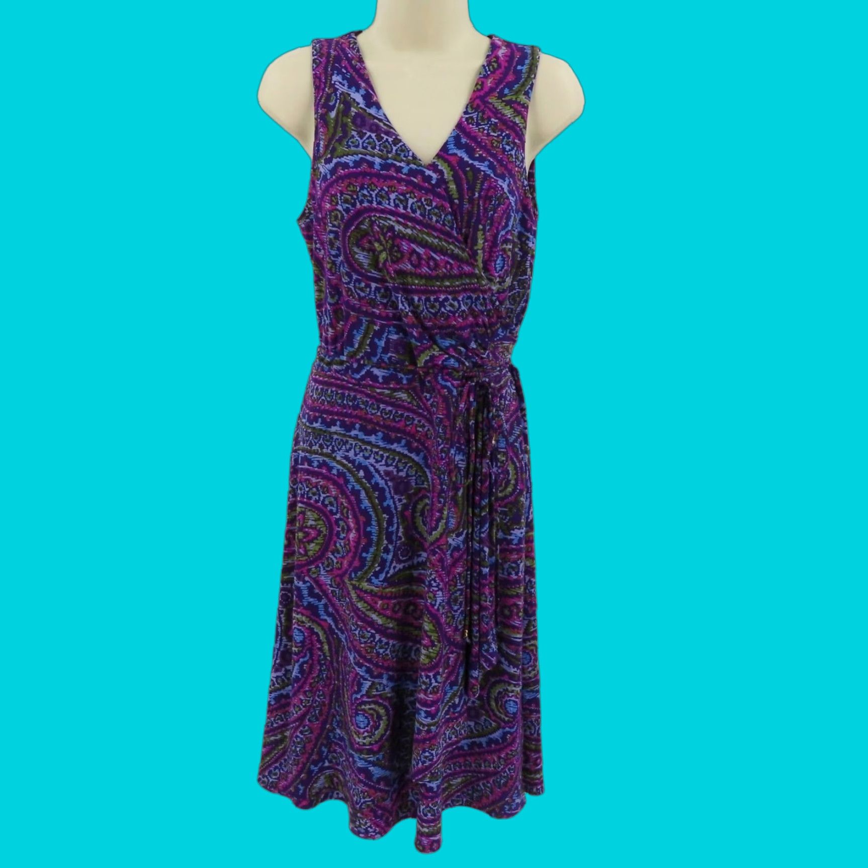 Ralph Lauren Lauren Ralph Lauren Women Small Purple Green Blue Scroll V Neck Sleeveless Dress Size S / US 4 / IT 40 - 1 Thumbnail
