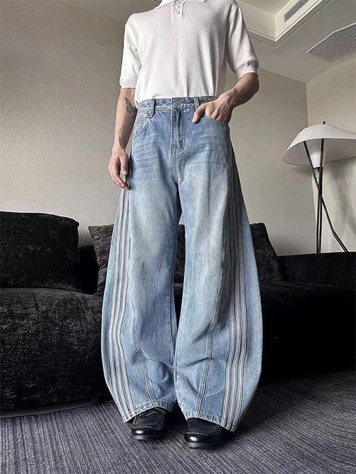Jean Light Blue Track Stripe Wide Leg Barrel Jeans Size US 28 / EU 44 - 2 Thumbnail