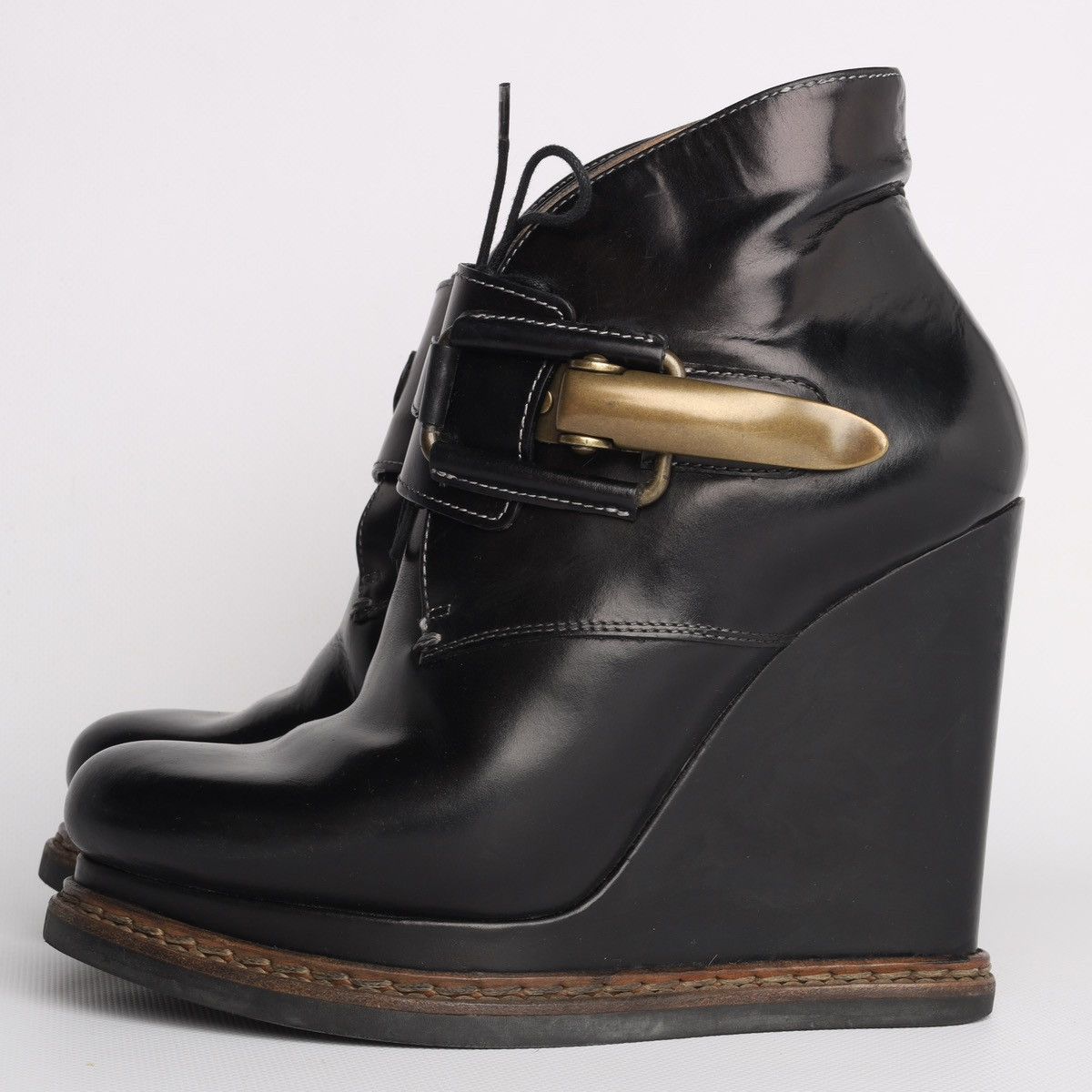 Jil Sander Jil Sander Leather Black Hi Heel Boots Platform Wedge Buckle Size US 6 / IT 36 - 8 Thumbnail
