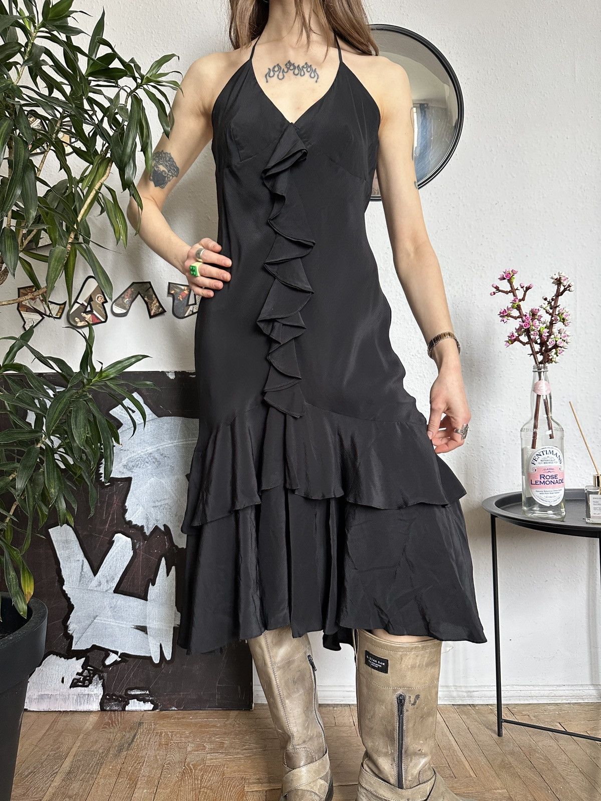 SikSilk × Vintage Vintage Silk Black Ruffle Ruched Halter Evening Dress Size M / US 6-8 / IT 42-44 - 4 Thumbnail