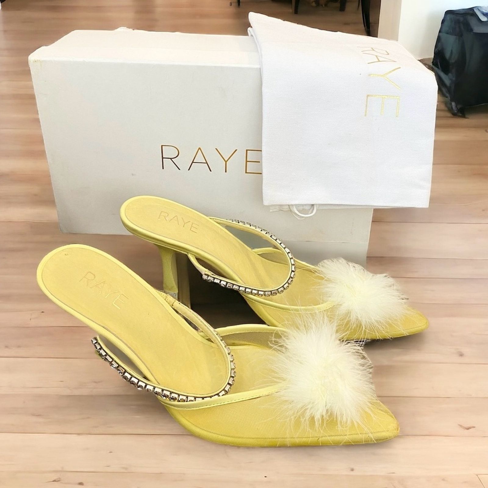 Designer RAYE Duke Heel Mesh Feather pompom Crystal Strap Yellow 9.5 Size US 9.5 / IT 39.5 - 2 Thumbnail