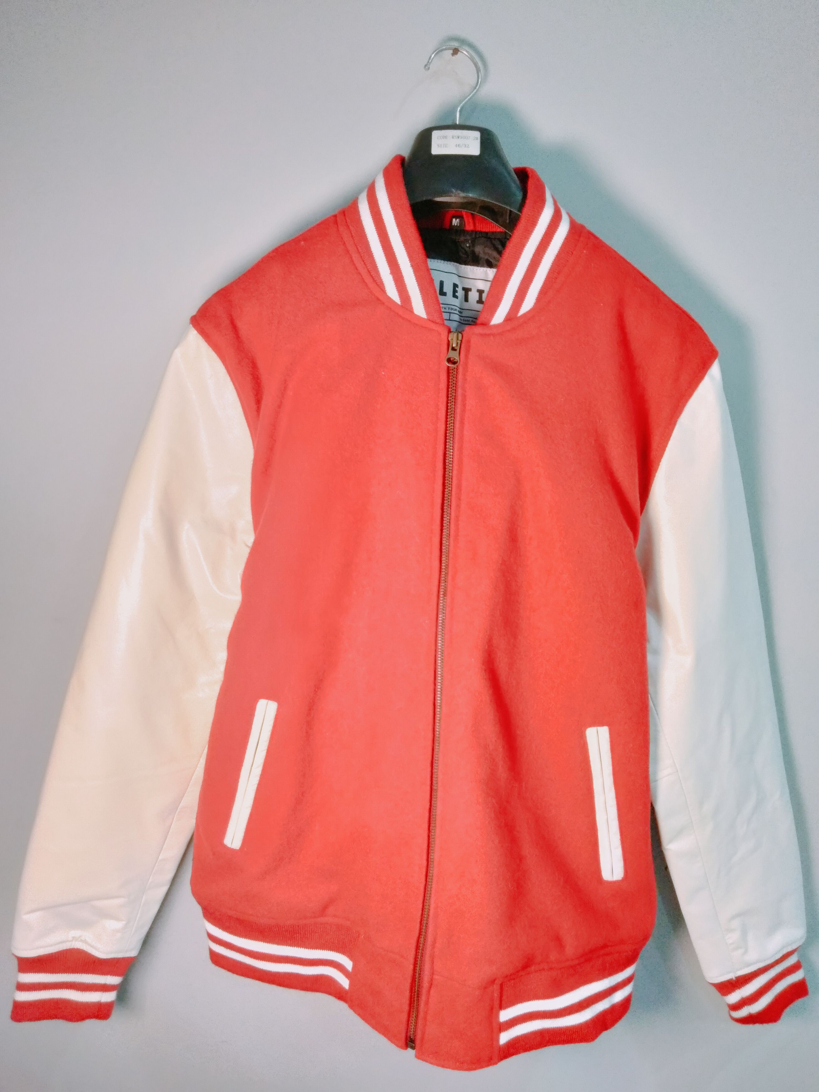 Vintage WLETI Red & Light Cream Varsity Jacket with Leather Sleeves Size US M / EU 48-50 / 2 - 1 Thumbnail